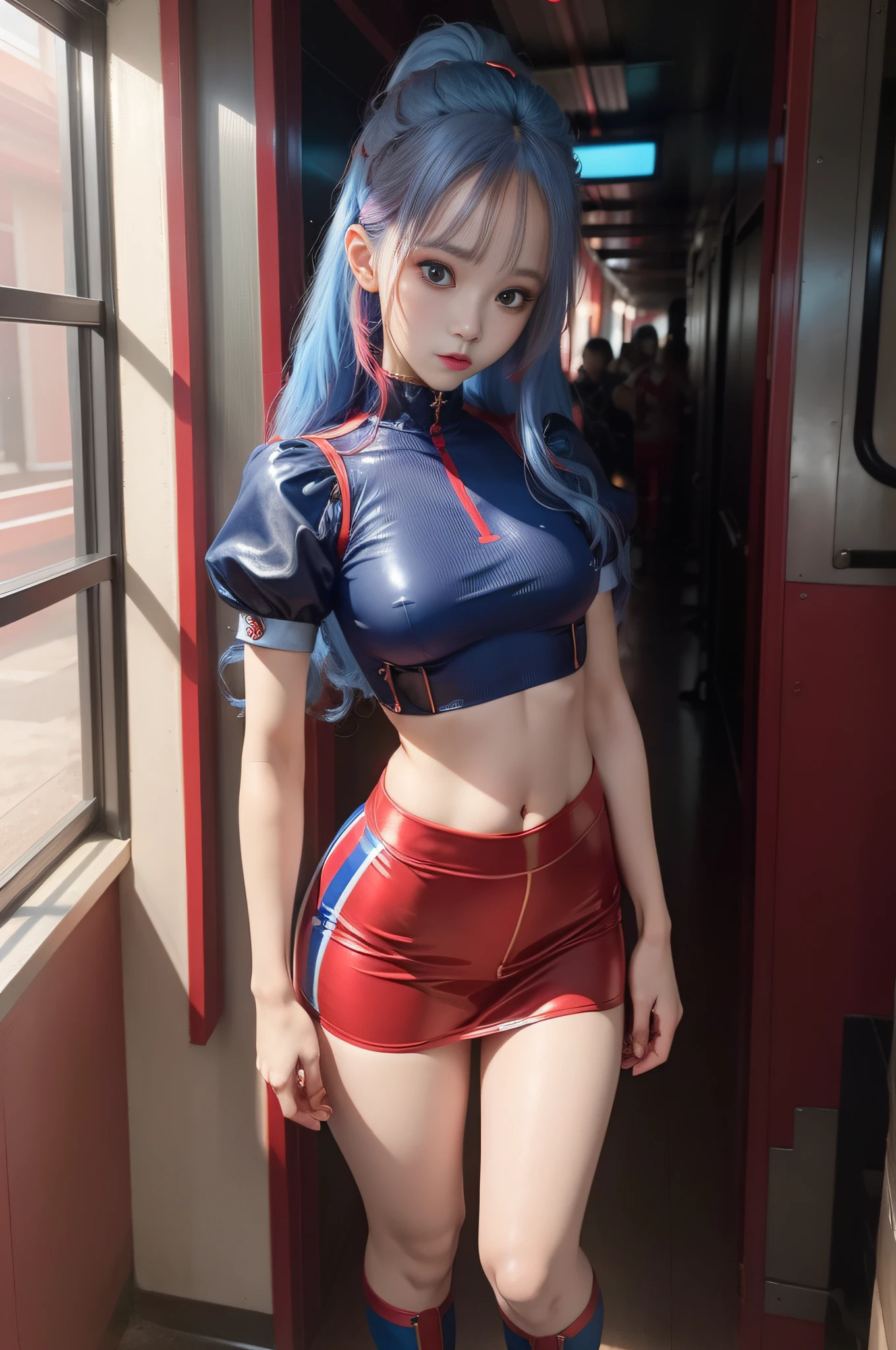 full body view, blue hair with red lights, kim chaewon, cute face, fantasy revealing outfit, exposed body, small breast, exposed midriff, is standing. The photo is taken in UHD 4K and is very detailed.