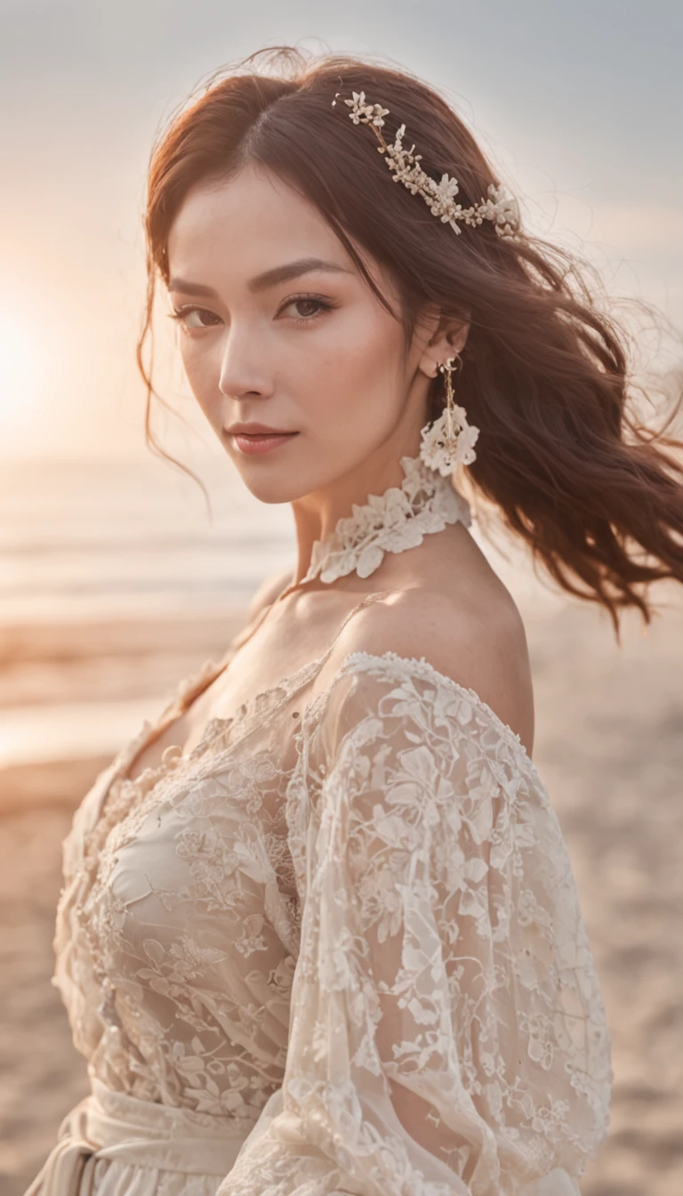 ((best qualtiy,8K,tmasterpiece:1.3)), realisticlying, Sharp focus, high qulity, A high resolution, 中景 the scene is,Side rear,45 degrees to watch the sunset,Smooth face, 独奏, Yellow people, middle aged women, Beautuful Women,35yo, plumw, Wavy curly hair, Sunset Beach,White floral dress