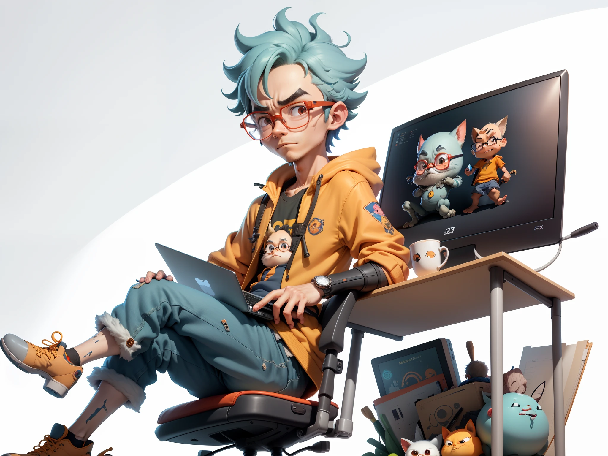 A young man with glasses sits at his desk,holding laptop,digitial painting,3D character design by Mark Clairen and Pixar and Hayao Miyazaki and Akira Toriyama,4K HD illustration,Very detailed facial features and cartoon-style visuals。
