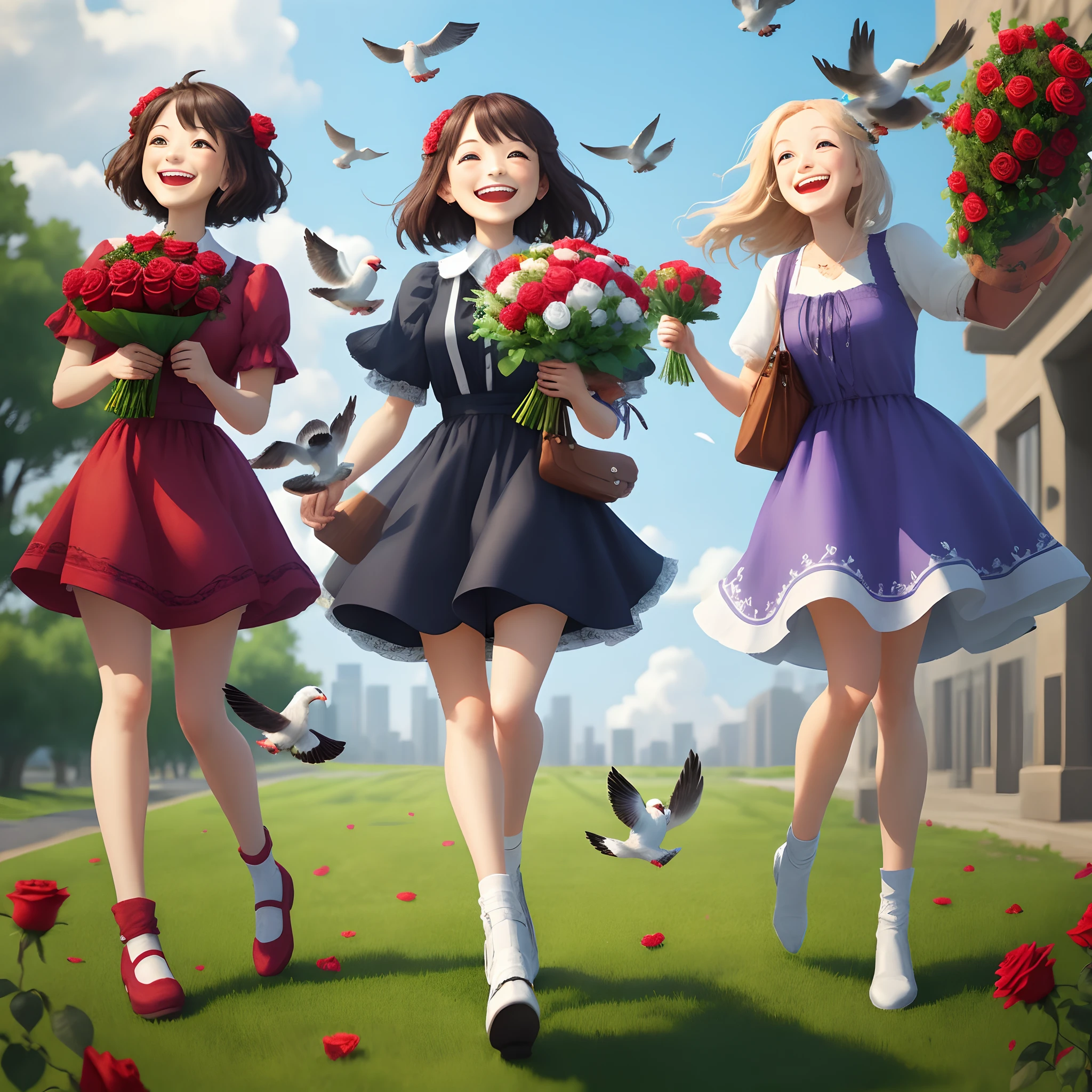 Pixel pigeons hanging a bouquet of roses laughing