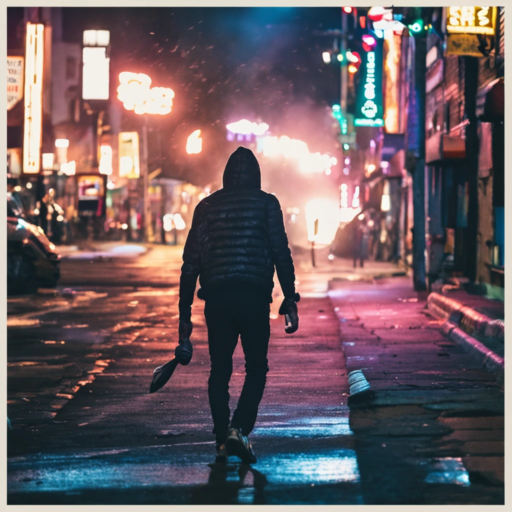 (Melhor qualidade) Adicione um (jovem adulto:1.2) do sexo masculino, vestindo (moletom preto) e carregando uma (mochila), walking on the street at night, usando um (fone de ouvido).