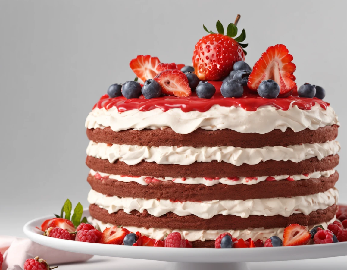 (Professional 3D rendering:1.3) de (Realistic:1.3) fotografia profissional premiada de comida ((obra-prima de alta qualidade: 1,5)), a delicious KitKat birthday cake with red fruit frosting (morangos, framboesas e amoras no topo, chocolate KitKat rodeando a lateral do bolo), Fotografia de comida 4K, (Detalhes complicados: 1.12), HDR, (Detalhes complicados, Hiperdetalhamento: 1.15), best ilumination, fundo fresco e limpo, authentic with good lighting. --auto --s2