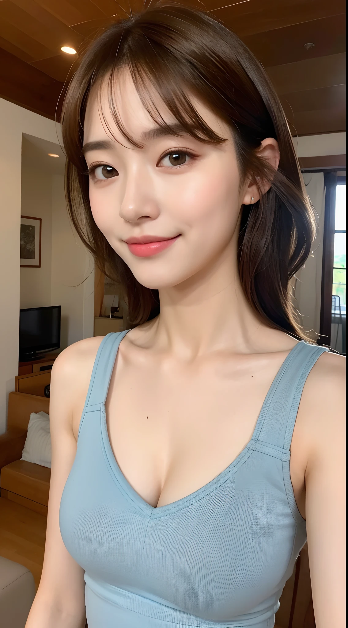 ((Best Quality, 8K, Masterpiece: 1.3)), 1girl, Slim Abs Beauty: 1.3, (Hairstyle Casual, ???????????: 1.2), Dress: 0.5, Super Fine Face, Delicate Eyes, Double Eyelids, Smile, Home