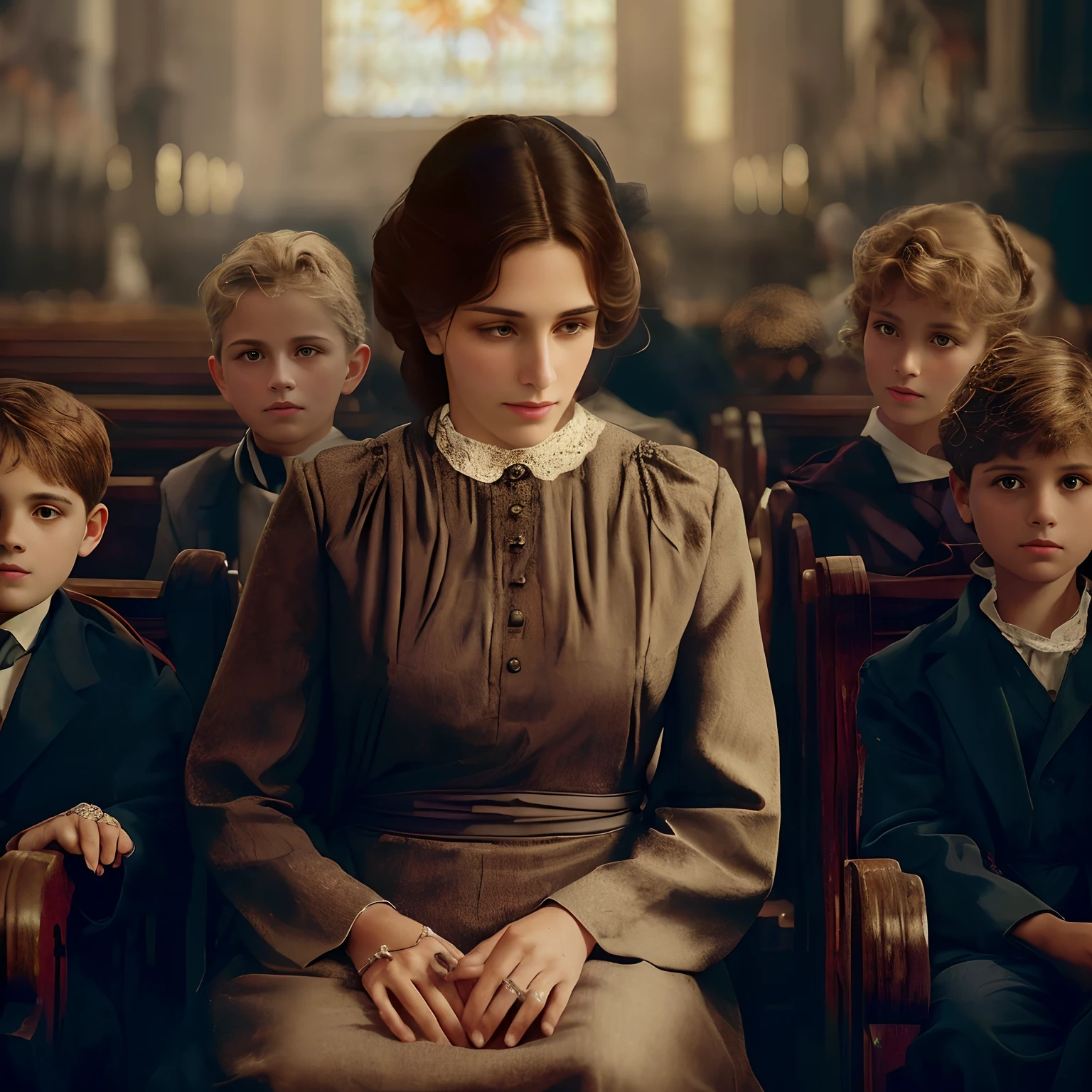There is a woman sitting in a church with a group of children,Em 1888, in Italy, a 40-year-old woman is sitting in the pew, assistindo a uma missa. Ao seu lado tem alguns de seus filhos. Realistic photo with the colors and clothes of the time, detalhada, cinematic, detalhes perfeitos, Perfect faces and hands