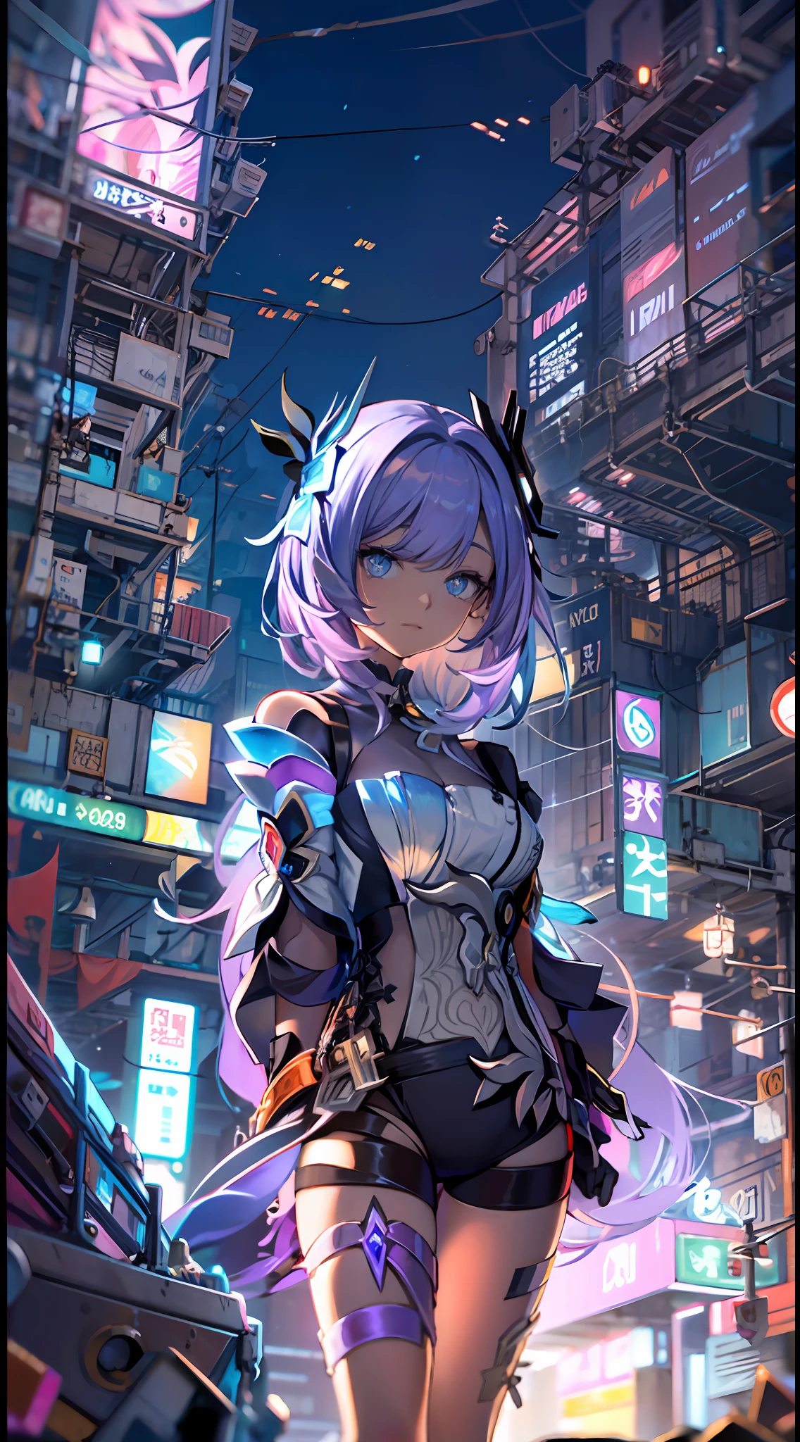 Noite, Fundo colorido da cidade cyberpunk, ****** de rua, elysia,honkai impact,, olhos azuis, olhos brilhantes, Meias pretas, retroiluminado, brilhar, Surveying the audience, Low angle lens, olhando para cima lente, perfect composition, delicadeza perfeita de luz e sombra, 8k