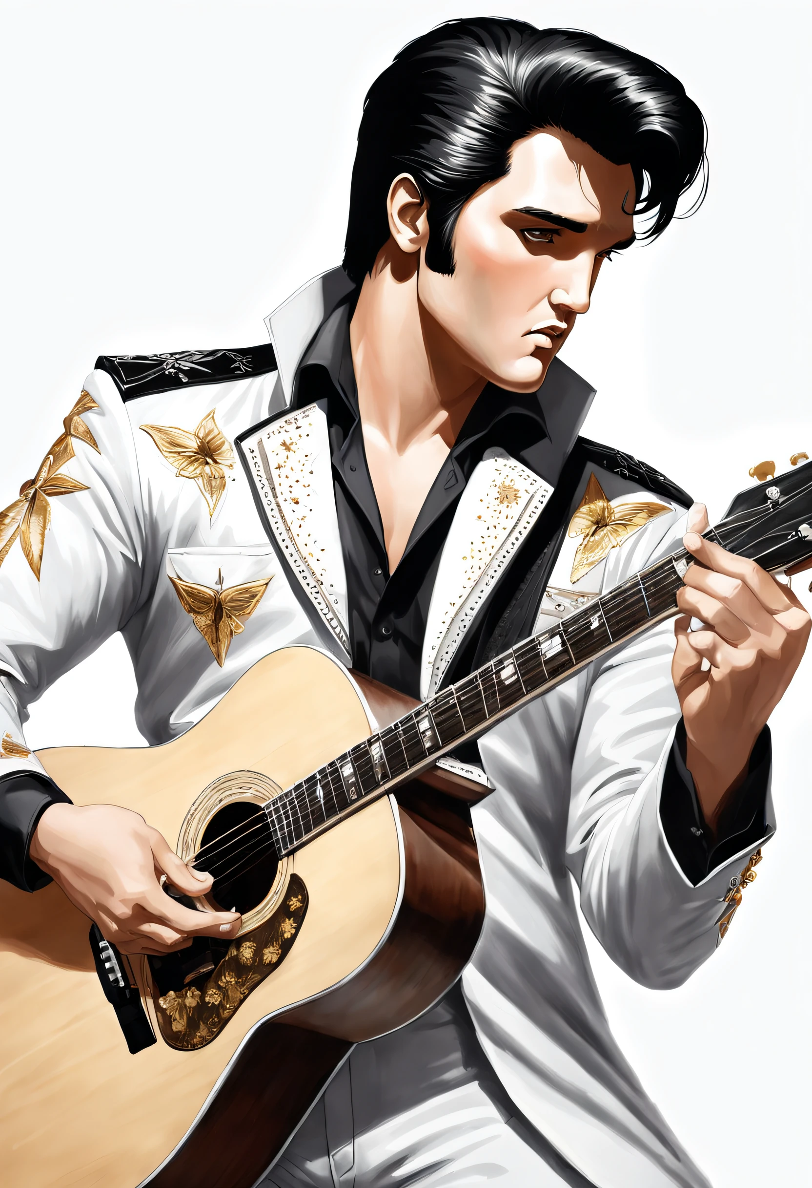 [Em uma folha de papel branco, a realistic portrait of Elvis Presley playing guitar is drawn with graphite pencils. He's in profile, Looking forward with a serious, concentrated expression. Ele usa um terno preto e uma gravata borboleta. He holds the guitar with both hands...., apoiando-o no peito. A guitarra tem detalhes em ouro e preto. The design is inspired by the style of Will Costa, a Brazilian illustrator who does hyper-realistic work with pencils.]