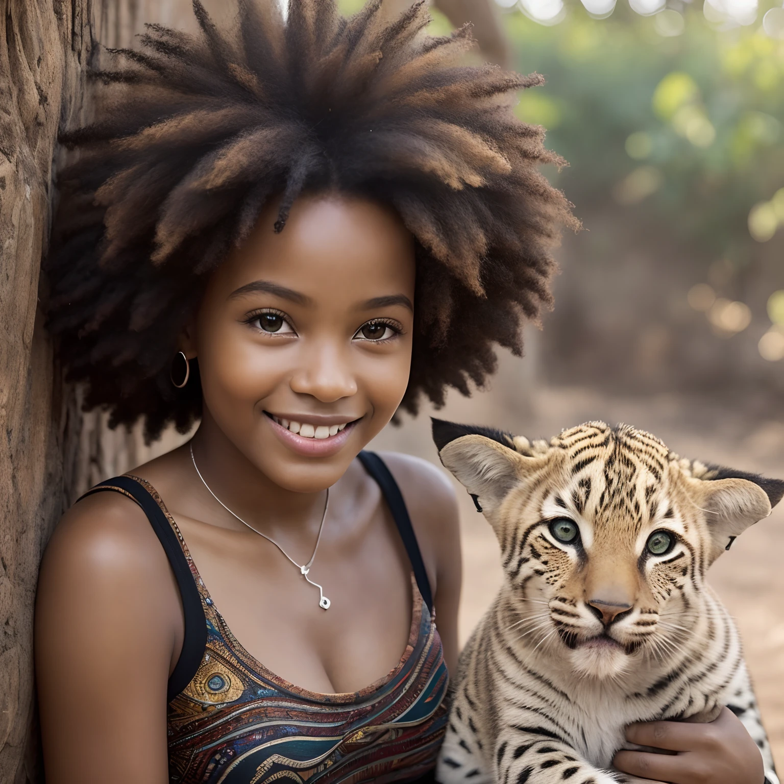 imagem ultrarealista, (uma bela menina e um belo menino 5 anos, negra:1.3 com trancinhas em seu cabelo afro, several children in a ciranda , fundo com paisagem natural, with animals typical of Africa, sorriso gracioso:1.2, alegre, felicidade profunda, intense illumination:1.3 e super detalhada, )"