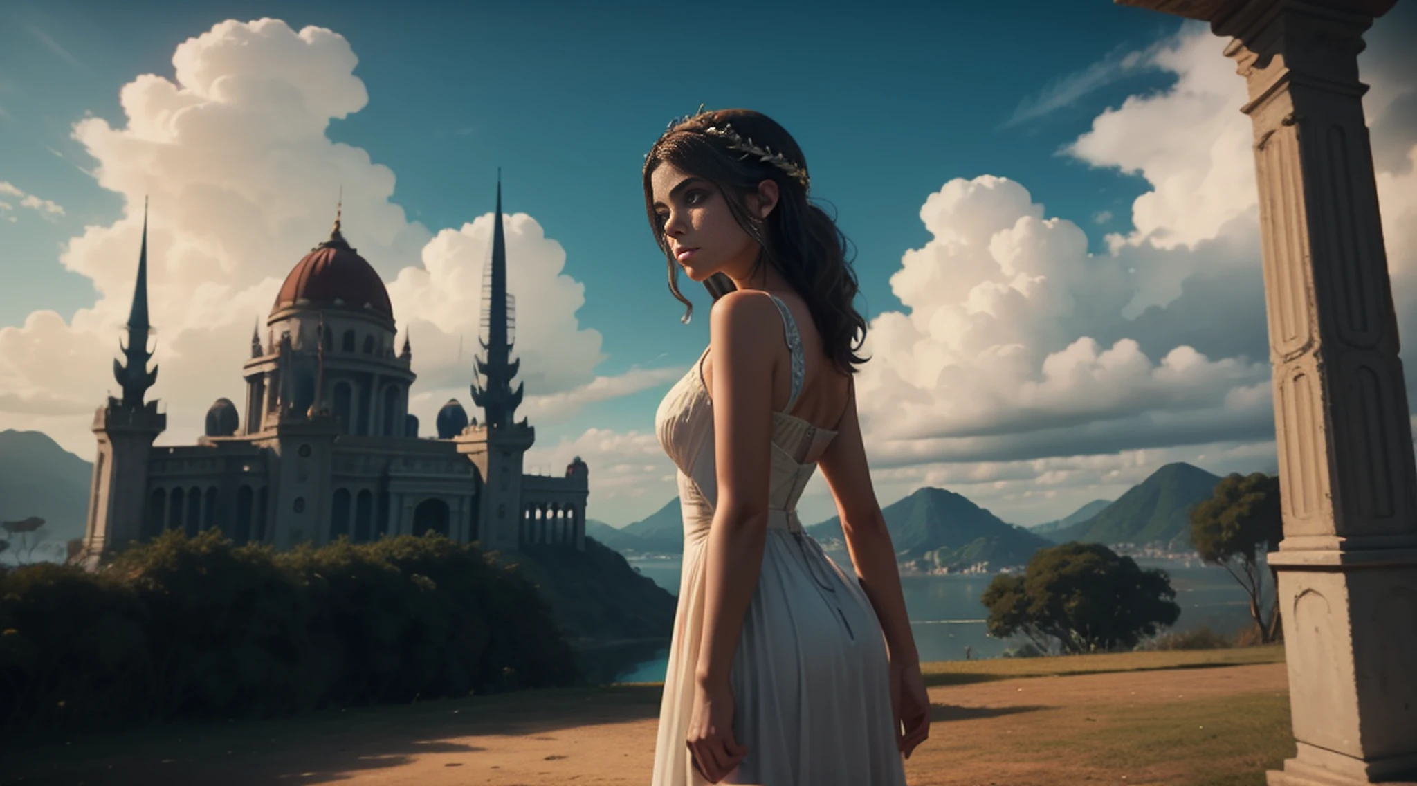 1 girl, cabelo preto longo, com vestido de tule vermelho, embelezamento detalhado nas roupas, melhor qualidade, blue skies and white clouds, pequeno rio, grama, (fantasia, Nordic, mitologia), (intrincado, cinematic lighthing, brilhante, lighting dramatic, belo brilho detalhado, obra-prima, melhor qualidade)