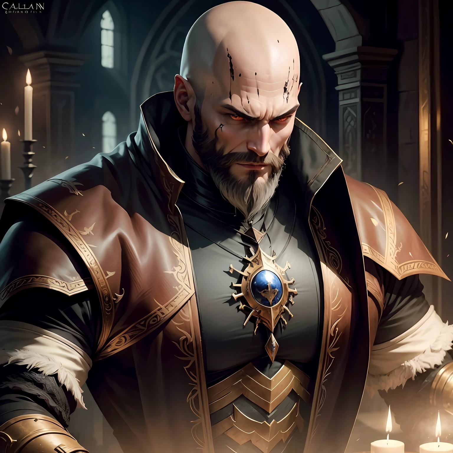 Castlevania Lord of the shadows bald handsome beard muscular glowing eyes face portrait sexy face portrait super detailed hyper realistic