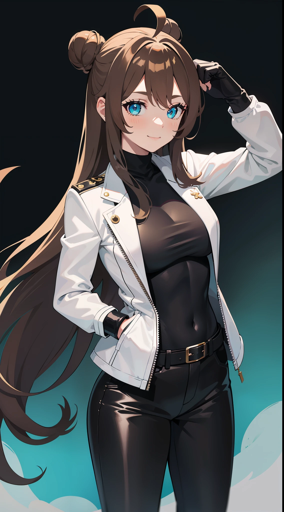 Adult woman, Long brown hair, hair in a bun, Cyan eyes, dragon horns, black tight pants, Black tight top, White leather jacket, ssmile, Masterpiece, hiquality