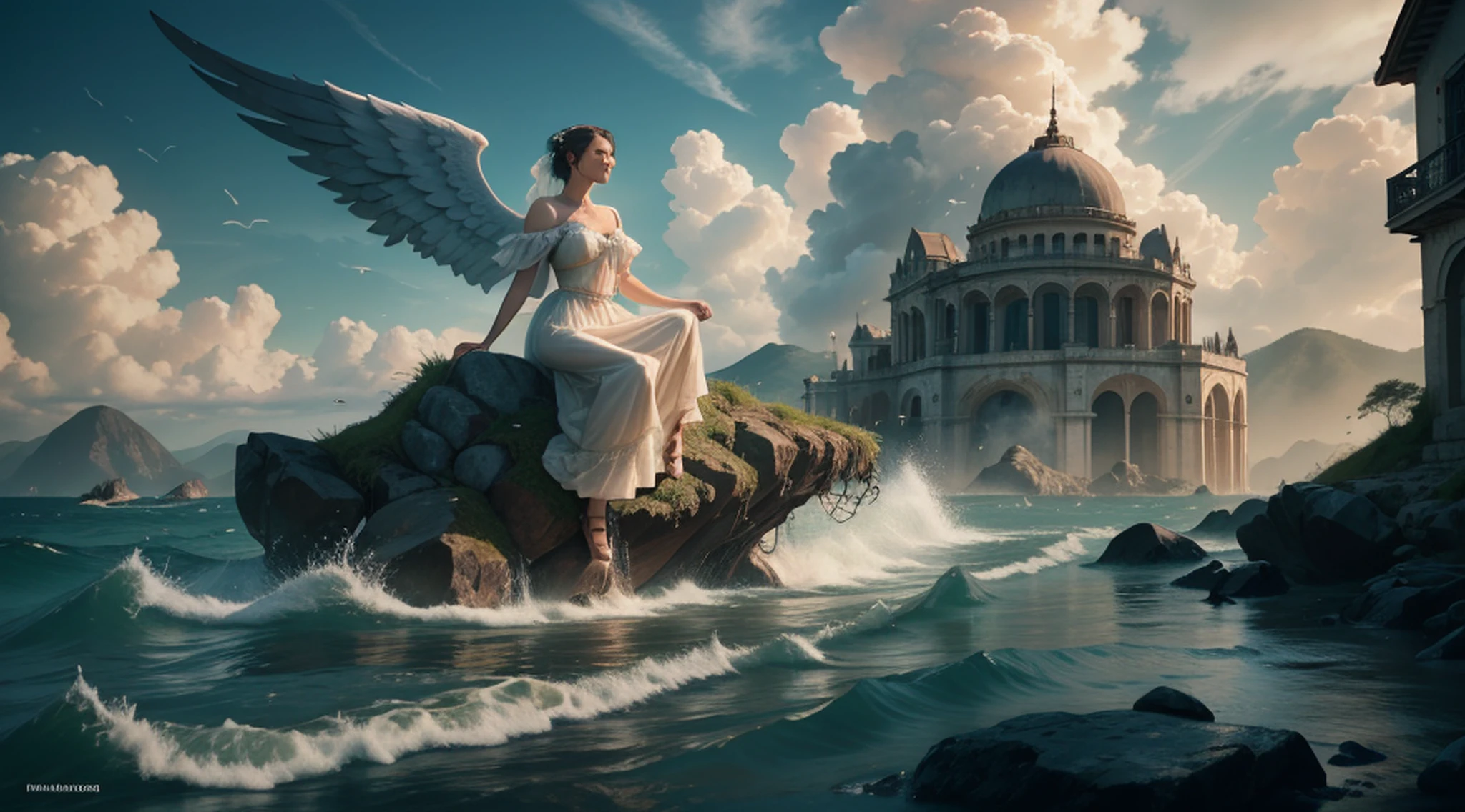 Uma mulher majestosa, detalhado, great angel descending from a burning heaven, rosto super detalhado 32k, Fujifilm, 32k, Imax, grau de cor, cinemactic, moton blur, baixo contraste, rio, nearwater, junco, a landscape rendering, estilo de colagem, melhor qualidade, architectural photography, foto realista, hyperealistic, super detalhado, Photography movie cinematic, ultra detalhado, altamente detalhado, architectural design, fotorrealista, cinemactic, renderizado, archdaily, 500px, archdaily, sky clear, belo projeto de paisagem