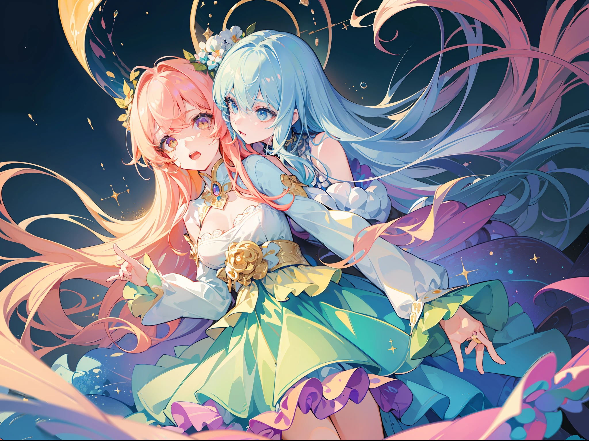 masterpiece, best quality, 8k resolution, sharp focus, intricate detail, beautiful girls, 2girls, 3girls, sparkling eyes, golden ratio face, otherworldly liquid, watercolor, cool colors, bright colors, whimsical, colorful, sharp focus, high resolution, fine detail, ((layered tiered puffy long sleeves ballgown)), ((round eyes)), iridescent bubbles, fantasia background