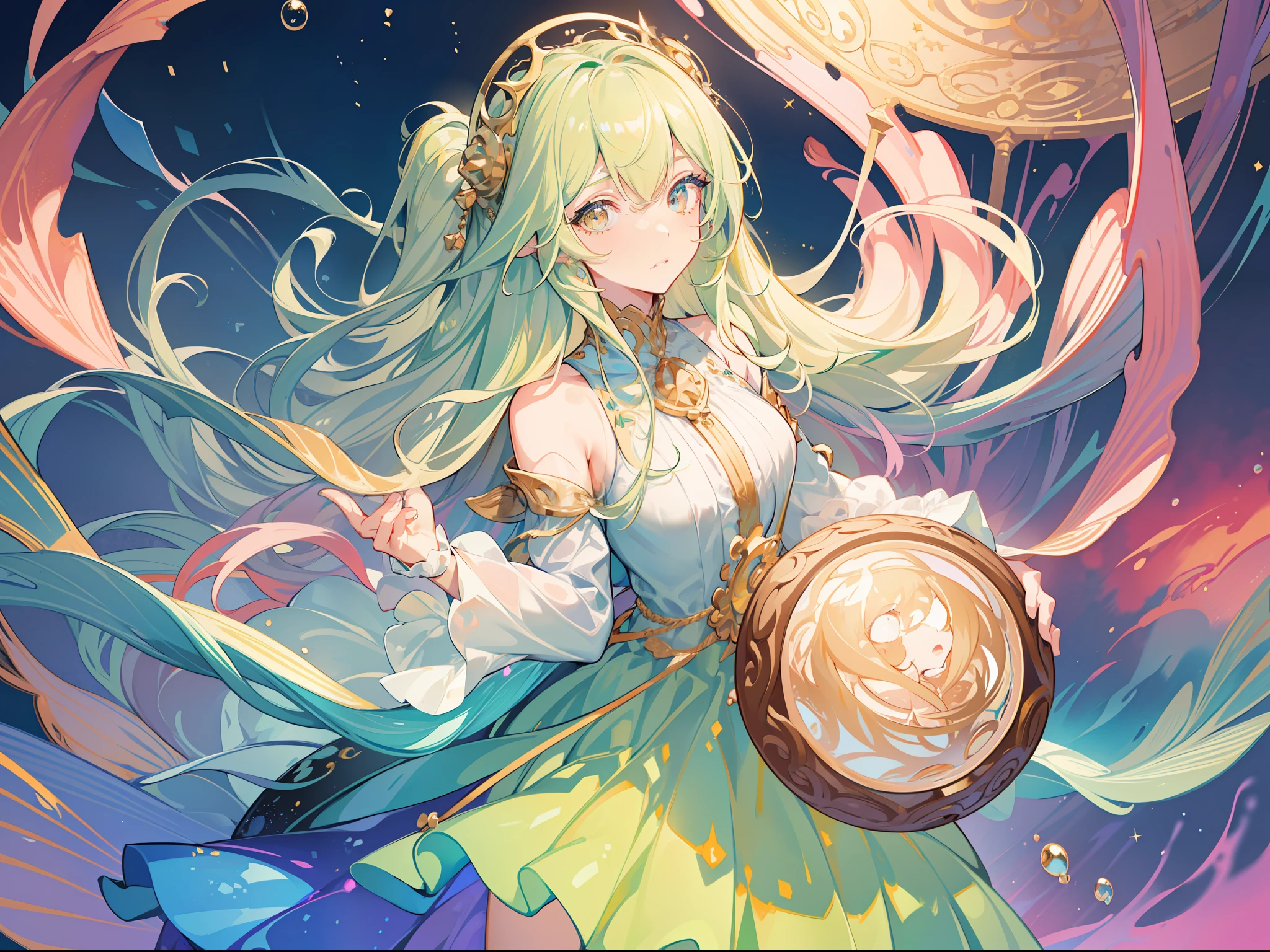 masterpiece, best quality, 8k resolution, sharp focus, intricate detail, beautiful girls, 2girls, 3girls, sparkling eyes, golden ratio face, otherworldly liquid, watercolor, cool colors, bright colors, whimsical, colorful, sharp focus, high resolution, fine detail, ((layered tiered puffy long sleeves ballgown)), ((round eyes)), iridescent bubbles, fantasia background