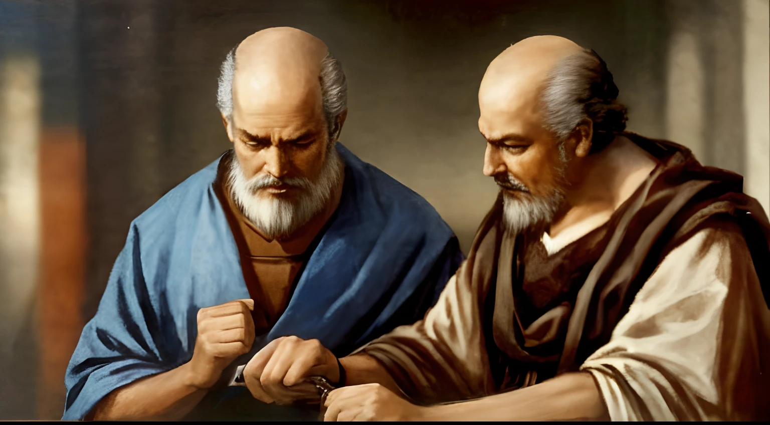 Socrates debating with Plato