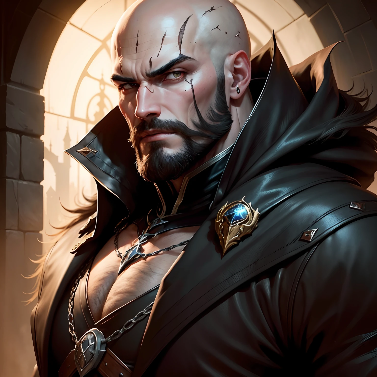 Castlevania Lord of the shadows bald handsome beard muscular glowing eyes face portrait sexy face portrait super detailed hyper realistic