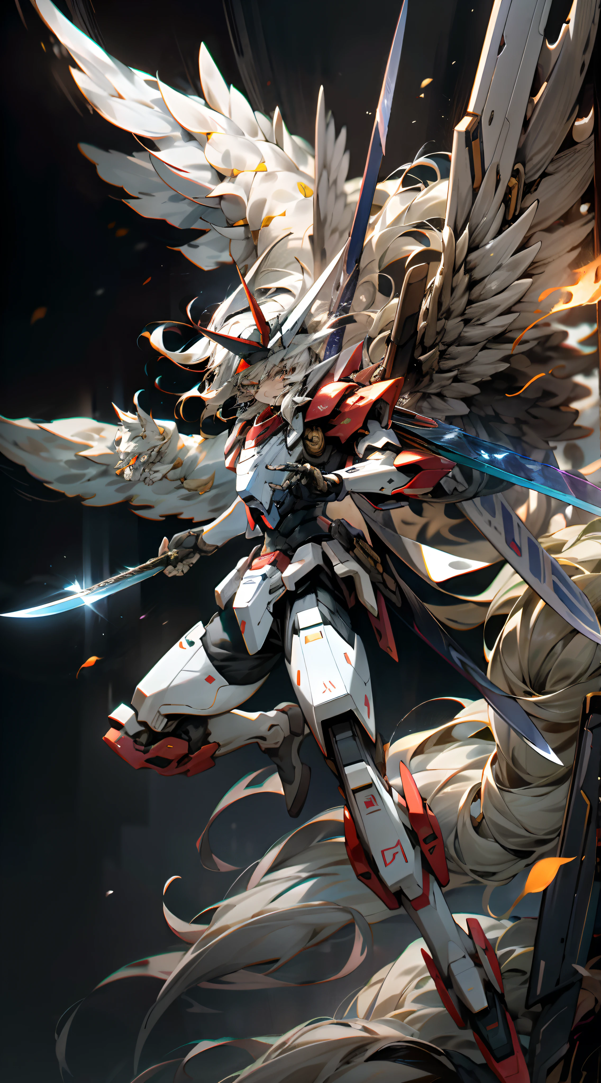 surrealism, Ray tracing, hyper HD, High details, 8K, Best quality, Textured skin,In the dark,Gundam Mech,Mecha lights,brilliant colorful,Giant nine-tailed fox,Dragon wings,tmasterpiece,best qualtiy,mechs,A teenager levitates in the air,(full bodyesbian),(Black Mech:1.5),(轴对称:1.4),(hdr),(cinematric light:1.1),White eyes,Cool,scientific fiction,firey,Don Dao,Background of the city destroyed with a tang knife,Holding a Tang knife,Standoff