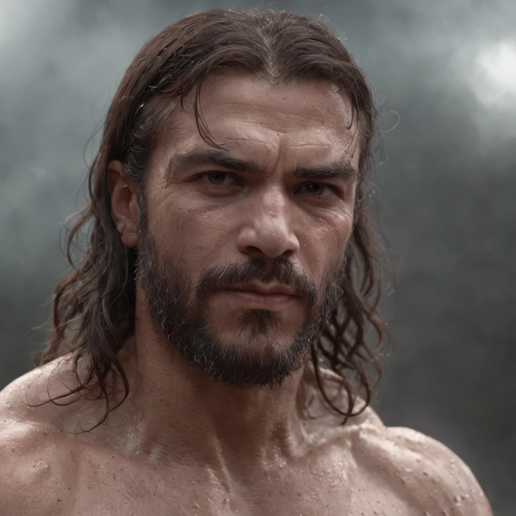 (Professional 3D rendering:1.3) de (Realistic:1.3) Foto de arte mais bonita do mundo,Features soft, bright male heroes, ((Epic hero fantasy rough muscular man wet hero angry look long hair short beard and fierce expression in dynamic pose, fantastic location, majestoso ambiente desordenado)), corpo inteiro 8k unidade render, action shot, poros da pele, very dark lighting, sombreamento pesado, circunstanciado, Rosto detalhado, (vibrante, fotogrdeia realista, Realistic, Dramatic, Escuro, foco nítido, 8k), (Old leather clothes damaged by bad weather:1.4), ((((Use peles)))), (intrincado:1.4), decadente, (altamente detalhado:1.4), pintura digital, rendering by octane, art stations, Conceito-Arte, liso, foco nítido, illustration, germe da arte, (Loish:0.23), Wlop Ilya Kuvshinov, e Greg Rutkowski e Alphonse Mucha Gracias, (global ilumination, studiolight, Light Volumetric), chuva forte, floating particles, patife, fantasia, Onze, corpo inteiroesbian, ((Fundo escuro e antigo da cidade:1.3)),CGSesociedade,art stations