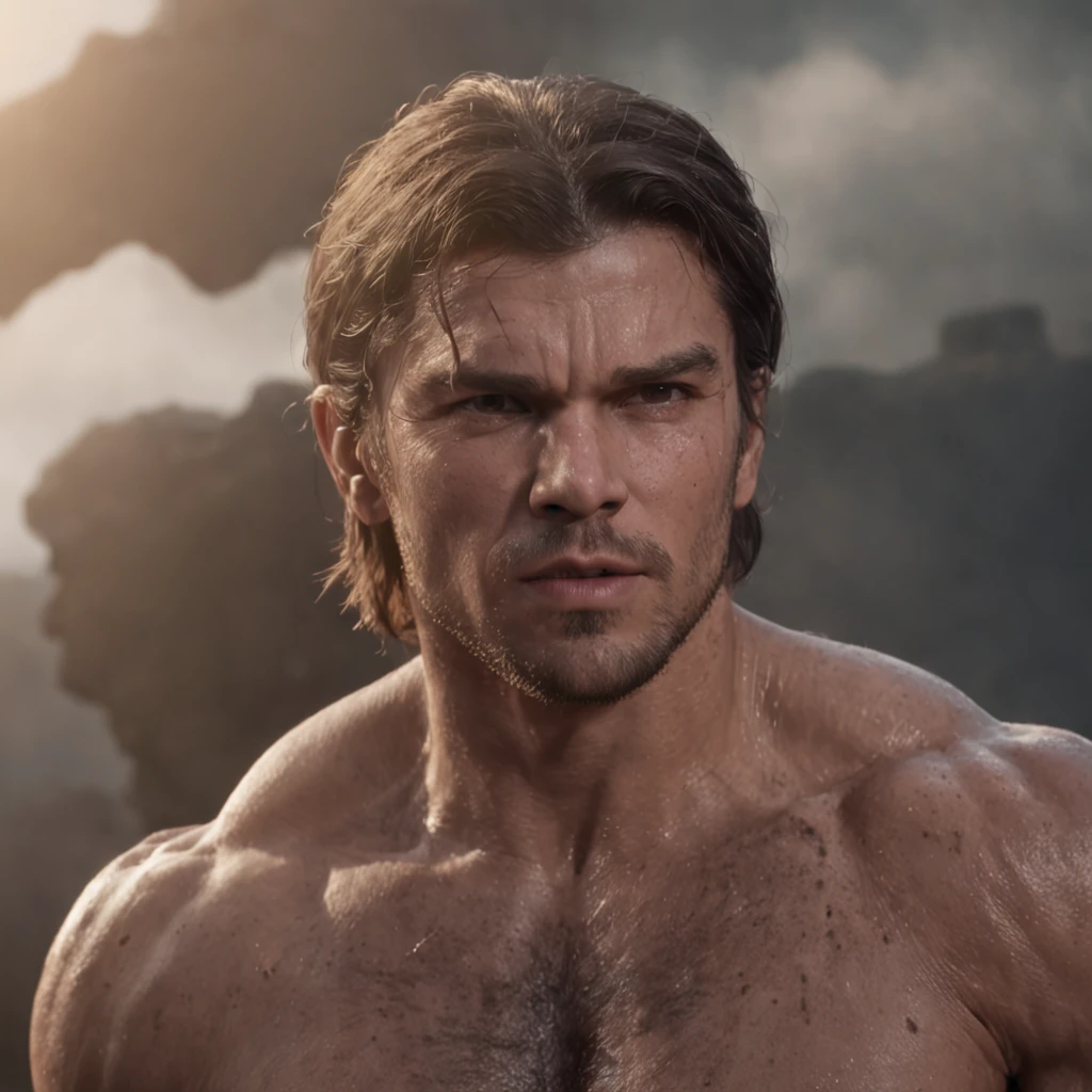 (Professional 3D rendering:1.3) de (Realistic:1.3) Foto de arte mais bonita do mundo,Features soft, bright male heroes, ((Epic hero fantasy rough muscular man wet hero angry look long hair short beard and fierce expression in dynamic pose, fantastic location, majestoso ambiente desordenado)), corpo inteiro 8k unidade render, action shot, poros da pele, very dark lighting, sombreamento pesado, circunstanciado, Rosto detalhado, (vibrante, fotogrdeia realista, Realistic, Dramatic, Escuro, foco nítido, 8k), (Old leather clothes damaged by bad weather:1.4), ((((Use peles)))), (intrincado:1.4), decadente, (altamente detalhado:1.4), pintura digital, rendering by octane, art stations, Conceito-Arte, liso, foco nítido, illustration, germe da arte, (Loish:0.23), Wlop Ilya Kuvshinov, e Greg Rutkowski e Alphonse Mucha Gracias, (global ilumination, studiolight, Light Volumetric), chuva forte, floating particles, patife, fantasia, Onze, corpo inteiroesbian, ((Fundo escuro e antigo da cidade:1.3)),CGSesociedade,art stations