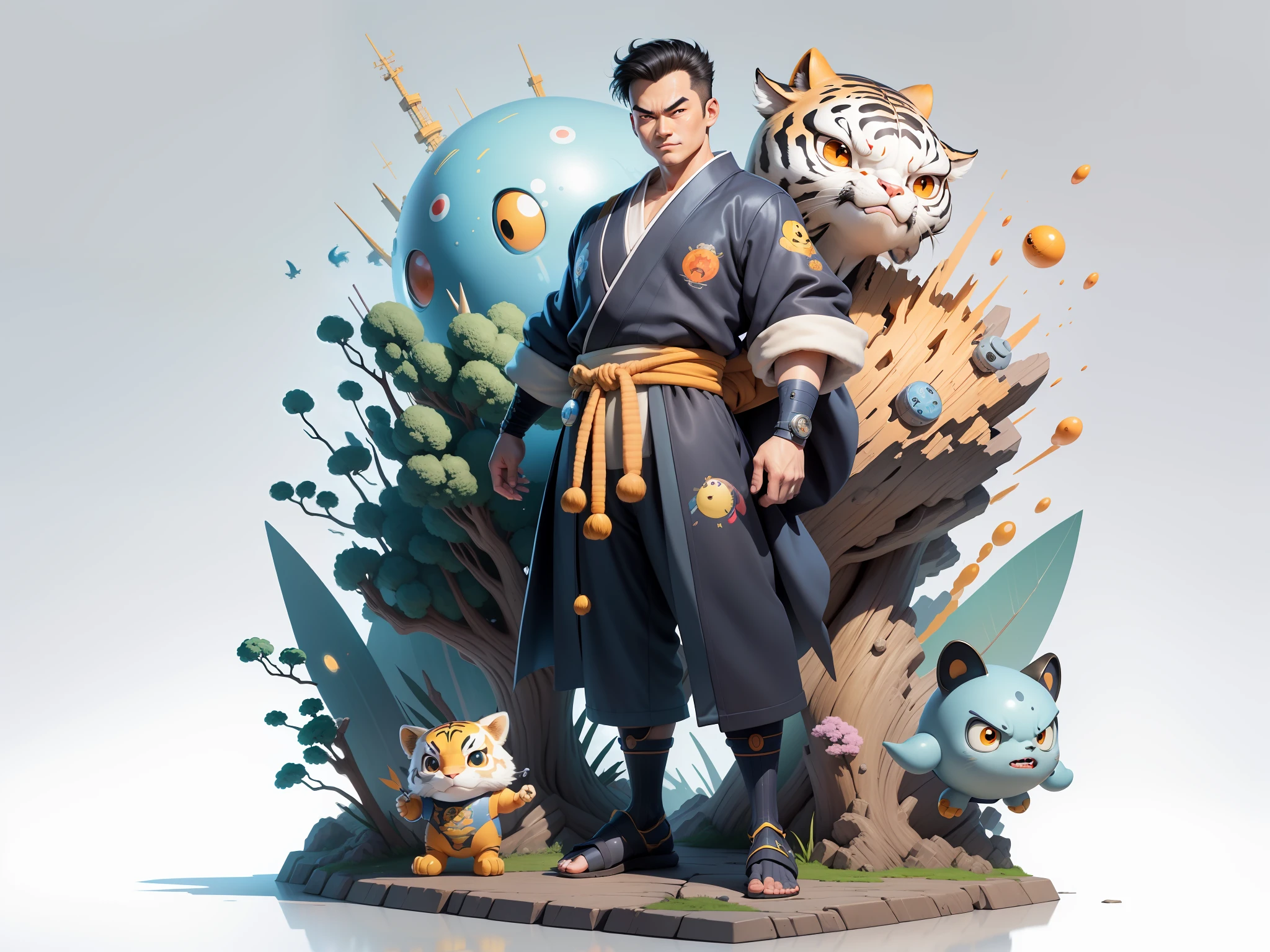 (Masterpiece), (Excellent), (Super Meticulous), (Full Body: 1.2), Super Young Man, Oriental Face, Japanese Kimono, Japanese Wind Thunder God, Dragon, Tiger, TV Anchor, Bust Portrait Illustration, Alone, Black Suit, Blue Tie, Slightly Chubby Face, Very Clean Face, No Beard, Black Super Short Hair, Black Eyes, Confident Smile, 3c Computer Sub-Products, iPad, iPhone, Digital Painting, 3D Character Design by Akira Toriyama and Mark Claireden and Pixar and Hayao Miyazaki, The illustration is a high-definition illustration in 4K resolution with very detailed facial features and cartoon-style visuals.