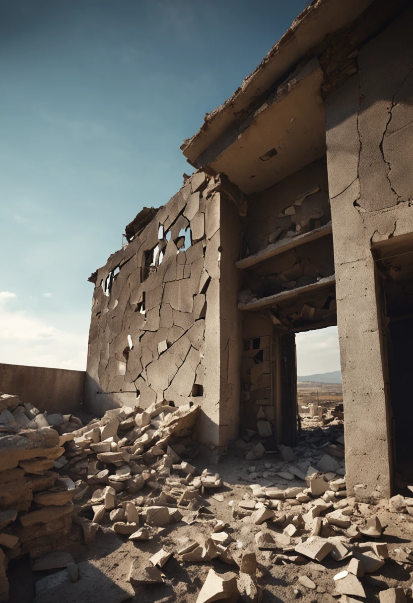 The image of a ruin, its floor is made of broken stone tiles, its roof is made of concrete with some parts falling off, the two walls on the left and right side of the image are made of cement which have small cracks and some of them have fallen off. In the center of two other and smaller walls meeting each other, there is an opening above this meeting point that directs the light into the dark space.