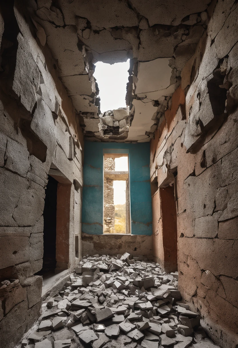 The image of a ruin, its floor is made of broken stone tiles, its roof is made of concrete with some parts falling off, the two walls on the left and right side of the image are made of cement which have small cracks and some of them have fallen off. In the center of two other and smaller walls meeting each other, there is an opening above this meeting point that directs the light into the dark space.