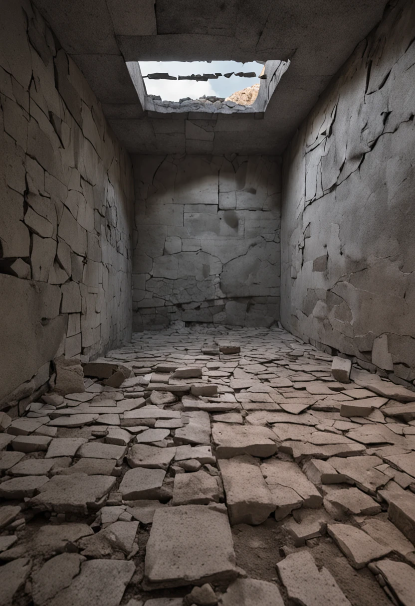 The image of a ruin, its floor is made of broken stone tiles, its roof is made of concrete with some parts falling off, the two walls on the left and right side of the image are made of cement which have small cracks and some of them have fallen off. In the center of two other and smaller walls meeting each other, there is an opening above this meeting point that directs the light into the dark space.