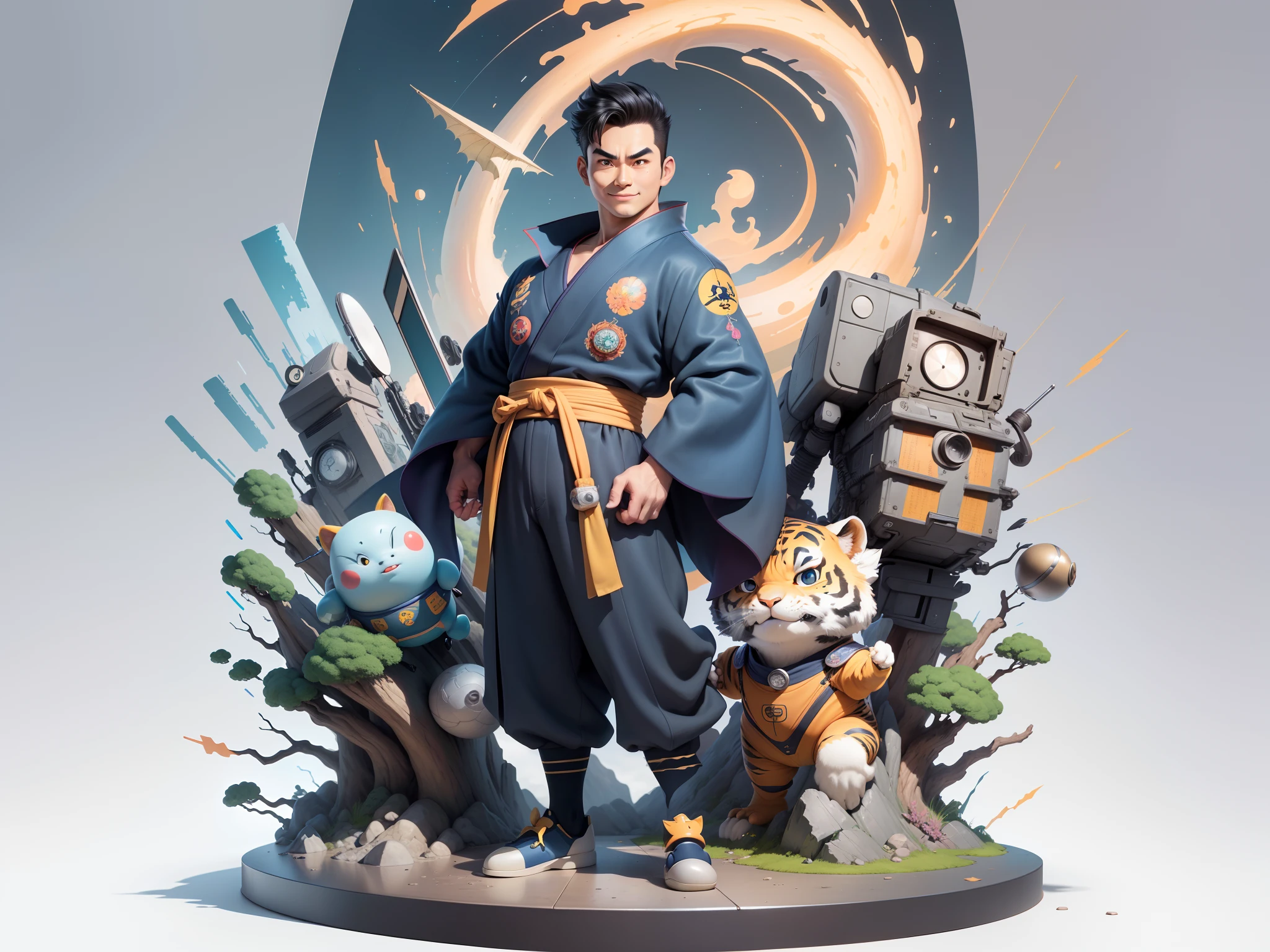 (Masterpiece), (Excellent), (Super Meticulous), (Full Body: 1.2), Super Young Man, Oriental Face, Japanese Kimono, Japanese Wind Thunder God, Dragon, Tiger, TV Anchor, Bust Portrait Illustration, Alone, Black Suit, Blue Tie, Slightly Chubby Face, Very Clean Face, No Beard, Black Super Short Hair, Black Eyes, Confident Smile, 3c Computer Sub-Products, iPad, iPhone, Digital Painting, 3D Character Design by Akira Toriyama and Mark Claireden and Pixar and Hayao Miyazaki, The illustration is a high-definition illustration in 4K resolution with very detailed facial features and cartoon-style visuals.