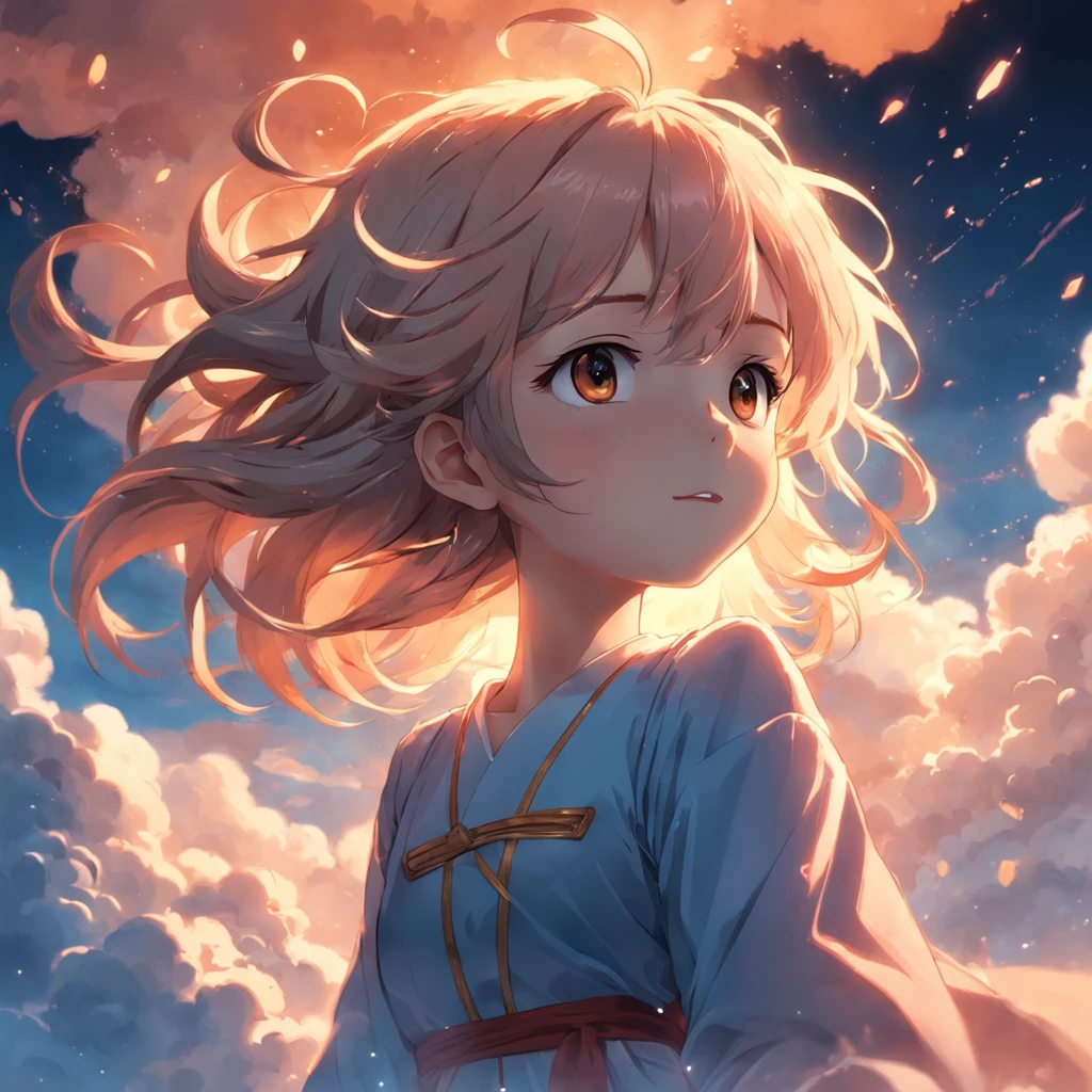 masterpiece, best quality, movie still, 1girl, cloud girl, floating in the sky, close-up, bright, happy, warm soft lighting, sunset, (sparks:0.7)