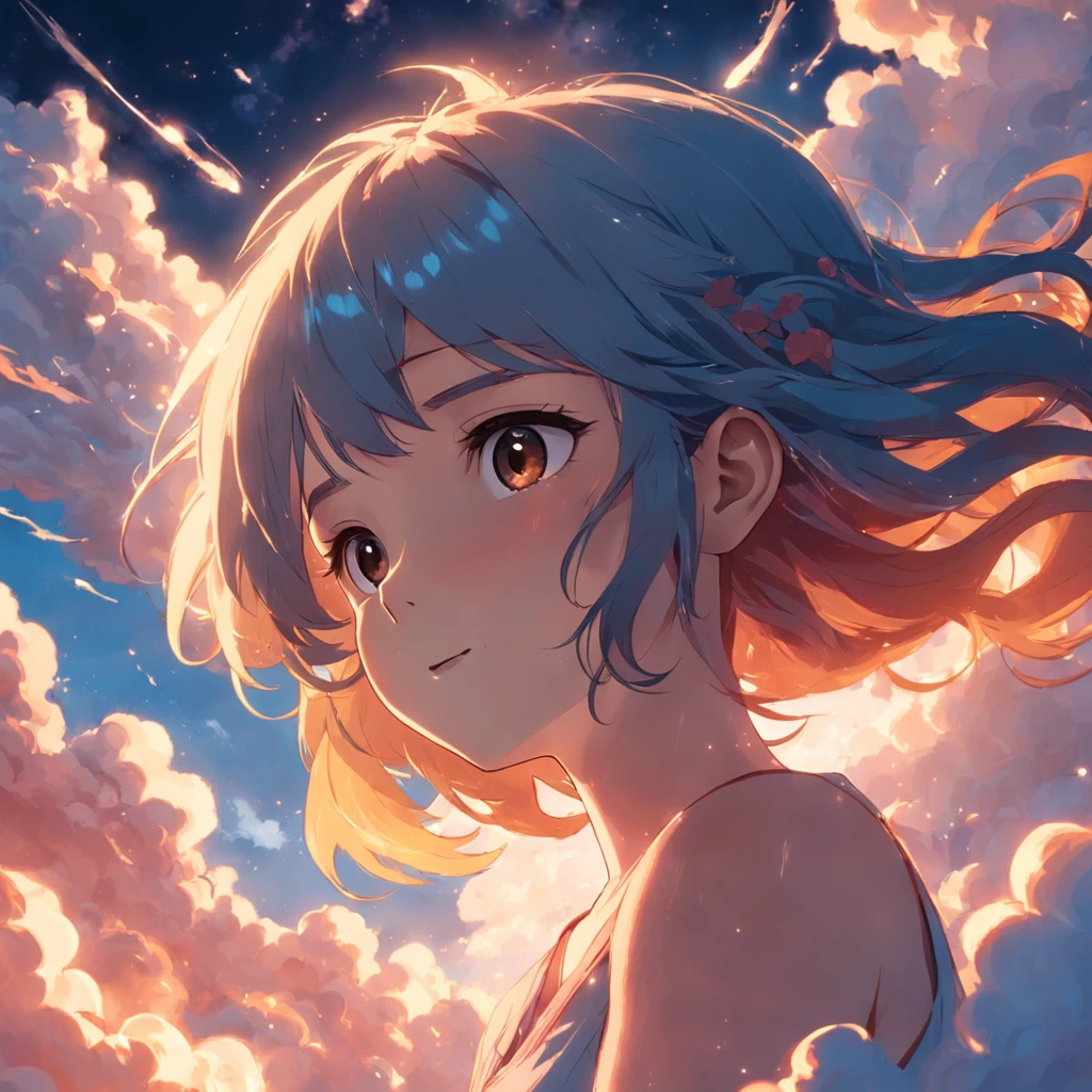 masterpiece, best quality, movie still, 1girl, cloud girl, floating in the sky, close-up, bright, happy, warm soft lighting, sunset, (sparks:0.7)