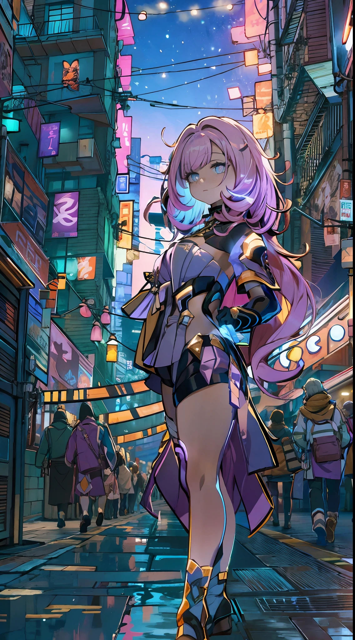 Noite, Fundo colorido da cidade cyberpunk, ****** de rua, elysia,honkai impact,, olhos azuis, olhos brilhantes, Meias pretas, retroiluminado, brilhar, Surveying the audience, Low angle lens, olhando para cima lente, perfect composition, delicadeza perfeita de luz e sombra, 8k