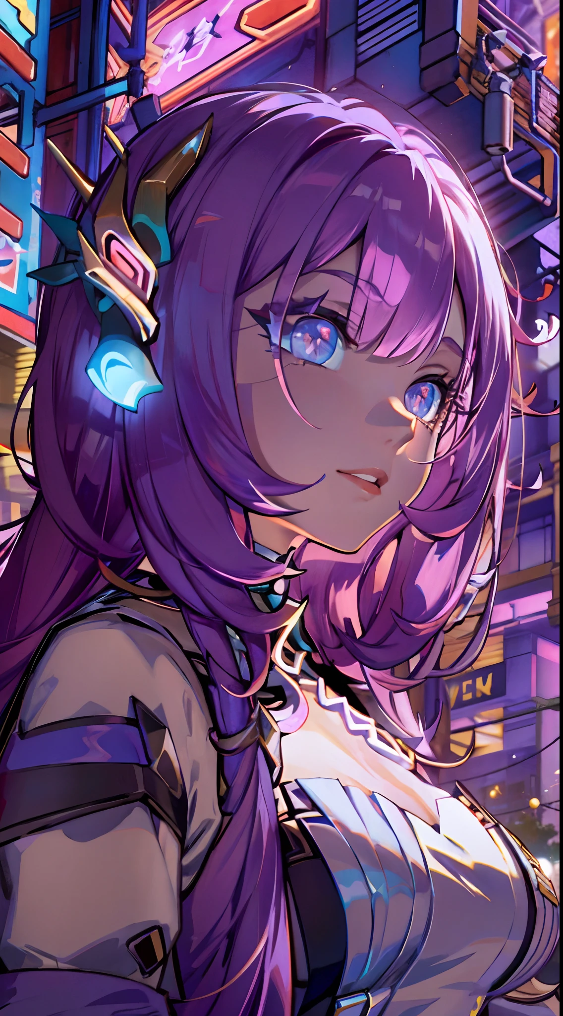 Noite, Fundo colorido da cidade cyberpunk, ****** de rua, elysia,honkai impact,, olhos azuis, olhos brilhantes, Meias pretas, retroiluminado, brilhar, Surveying the audience, Low angle lens, olhando para cima lente, perfect composition, delicadeza perfeita de luz e sombra, 8k