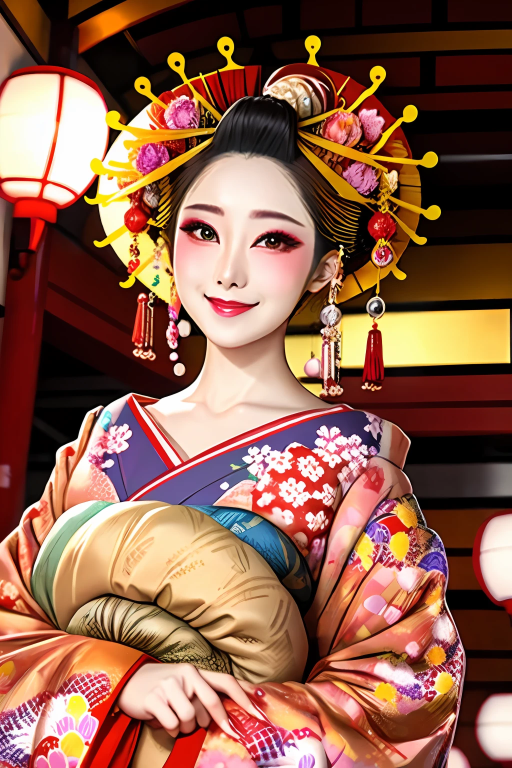 4K, Masterpiece, highres, absurdres,natural volumetric lighting and best shadows, smiling,deep depth of field,soft delicate beautiful attractive face, beautiful edgOiran_woman, a woman in a kimono posing for a picture  ,perfect edgOiran_face,perfect edgOiran_body,edgOiran_makeup,edgOiran_hairstyle