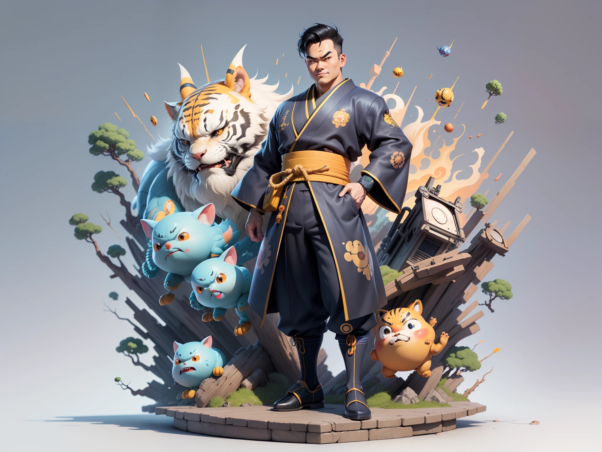 (Masterpiece), (Excellent), (Super Meticulous), (Full Body: 1.2), Super Young Man, Oriental Face, Japanese Kimono, Japanese Wind Thunder God, Dragon, Tiger, TV Anchor, Bust Portrait Illustration, Alone, Black Suit, Blue Tie, Slightly Chubby Face, Very Clean Face, No Beard, Black Super Short Hair, Black Eyes, Confident Smile, 3c Computer Sub-Products, iPad, iPhone, Digital Painting, 3D Character Design by Akira Toriyama and Mark Claireden and Pixar and Hayao Miyazaki, The illustration is a high-definition illustration in 4K resolution with very detailed facial features and cartoon-style visuals.