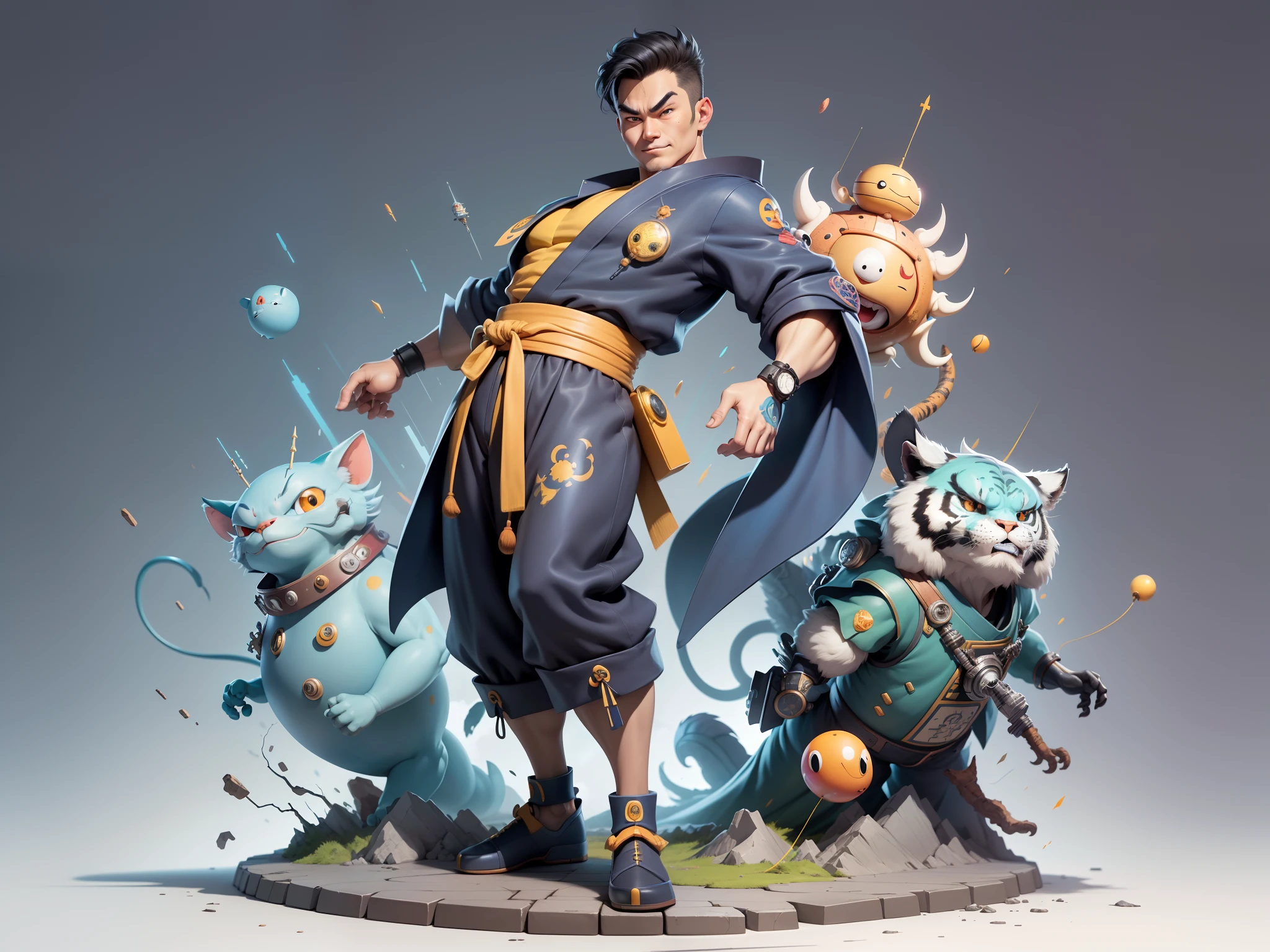 (Masterpiece), (Excellent), (Super Meticulous), (Full Body: 1.2), Super Young Man, Oriental Face, Japanese Kimono, Japanese Wind Thunder God, Dragon, Tiger, TV Anchor, Bust Portrait Illustration, Alone, Black Suit, Blue Tie, Slightly Chubby Face, Very Clean Face, No Beard, Black Super Short Hair, Black Eyes, Confident Smile, 3c Computer Sub-Products, iPad, iPhone, Digital Painting, 3D Character Design by Akira Toriyama and Mark Claireden and Pixar and Hayao Miyazaki, The illustration is a high-definition illustration in 4K resolution with very detailed facial features and cartoon-style visuals.