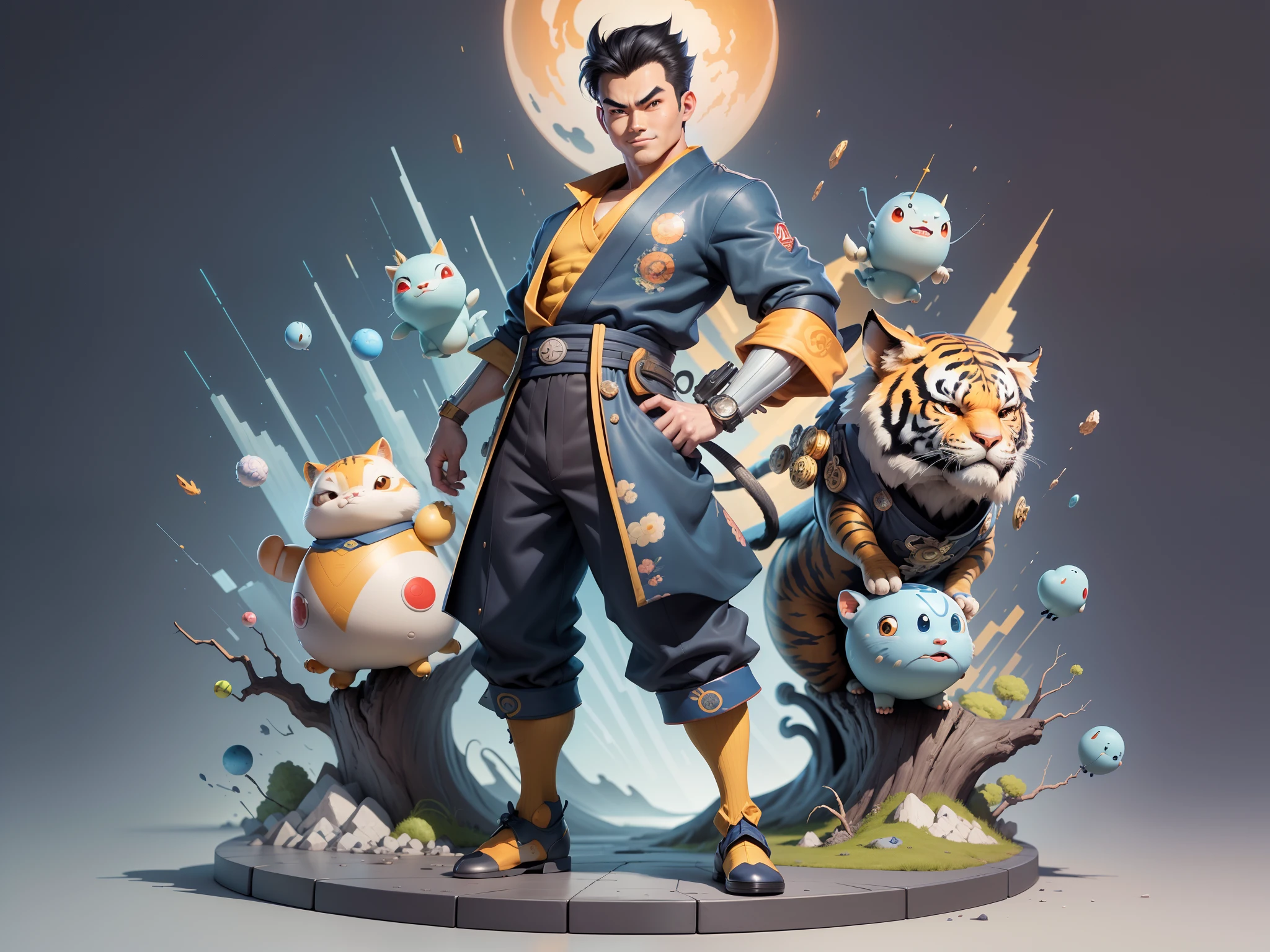 (Masterpiece), (Excellent), (Super Meticulous), (Full Body: 1.2), Super Young Man, Oriental Face, Japanese Kimono, Japanese Wind Thunder God, Dragon, Tiger, TV Anchor, Bust Portrait Illustration, Alone, Black Suit, Blue Tie, Slightly Chubby Face, Very Clean Face, No Beard, Black Super Short Hair, Black Eyes, Confident Smile, 3c Computer Sub-Products, iPad, iPhone, Digital Painting, 3D Character Design by Akira Toriyama and Mark Claireden and Pixar and Hayao Miyazaki, The illustration is a high-definition illustration in 4K resolution with very detailed facial features and cartoon-style visuals.