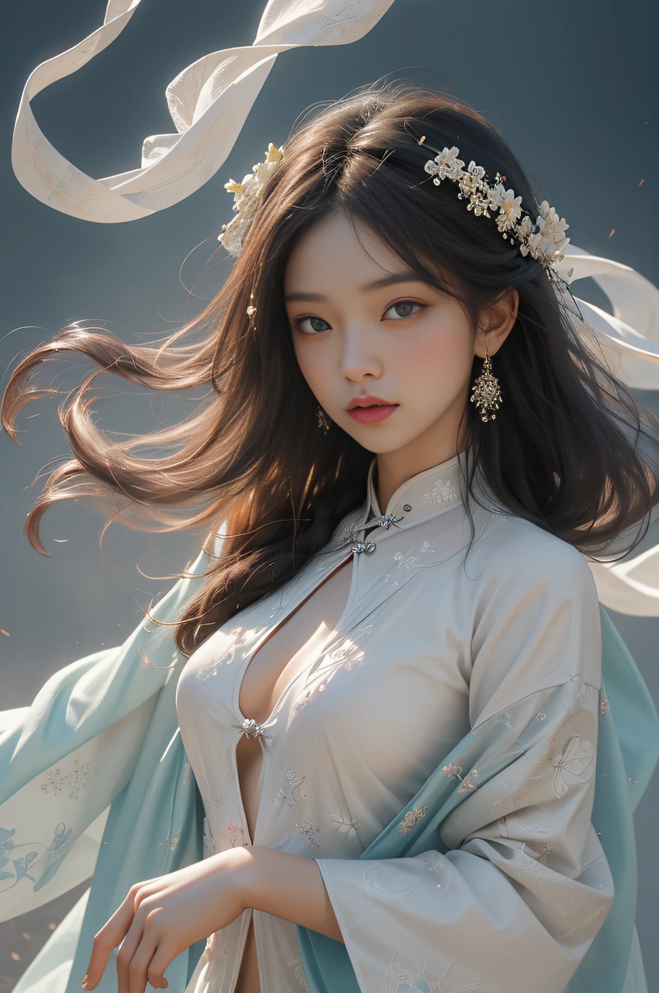 Zhongfenghua, 1 girl, alone, Hanfu, antique_Chinese_architecture, ทุ่งflowerไม้, flower, (white smoke:1.3) (realistic:1.4), zintricate, Mandala, intricate, official art, unity wallpaper 8k, very detailed, beautiful and beautiful, Masterpiece,best quality, (Dynamic angle:1.4), Glowing skin, (Multi-colored glitter floats.:1) The most beautiful chaos, elegant, Cruel designed, bright colors, Romantic Exotic Depth of Field_dance
