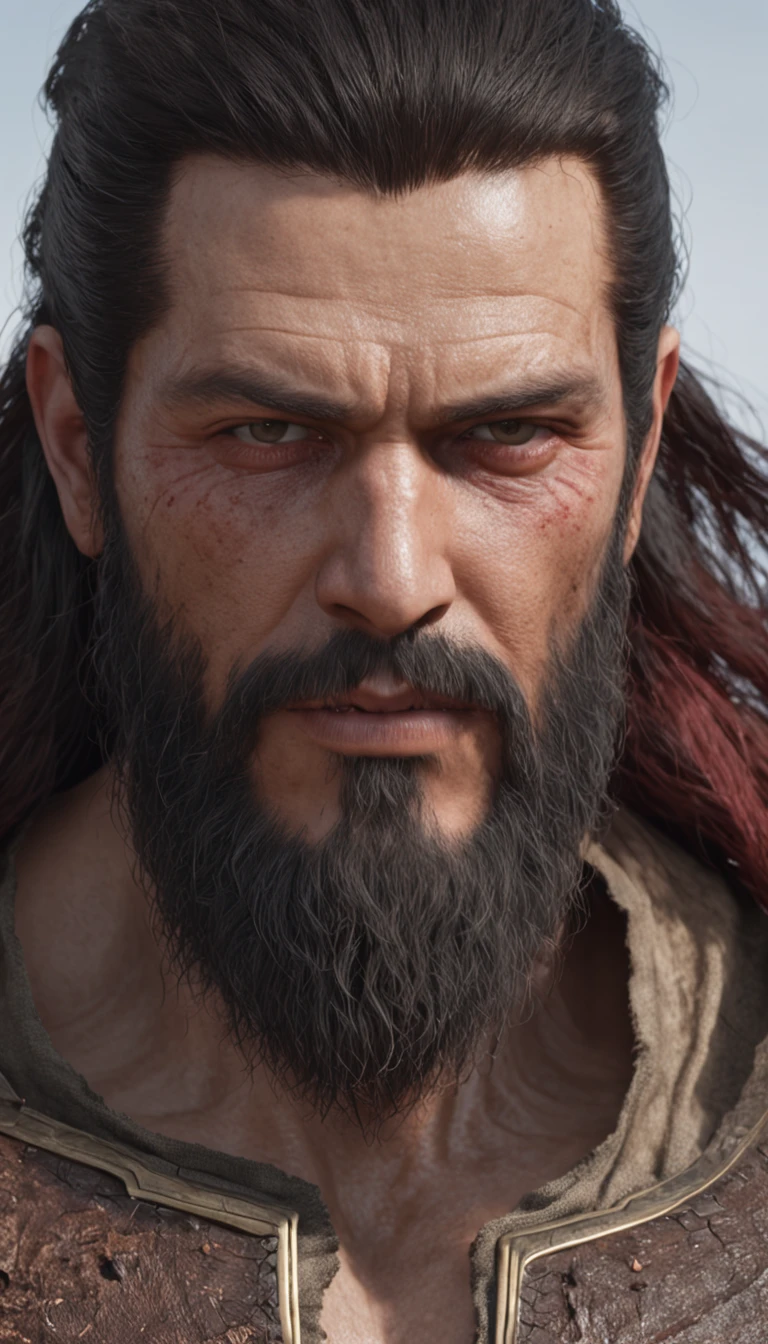of a real,Facial features are carefully depicted,Realistic skin texture,Thick body barbarian bearded uncle,(male people:1.4),He had a scar on his face,bellow,closeup cleavage,head portrait,Pout,Blue eyes,Short-cut hair of maroon color,depth of fields,dynamic blur,high light,Real light,Ray traching,oc rendered,Hyper-realistic,best qualtiy,8K,Works of masters,super-fine,Detailed pubic hair,Correct anatomy,sharp focus on eyes,Bokeh,Facial features are carefully depicted