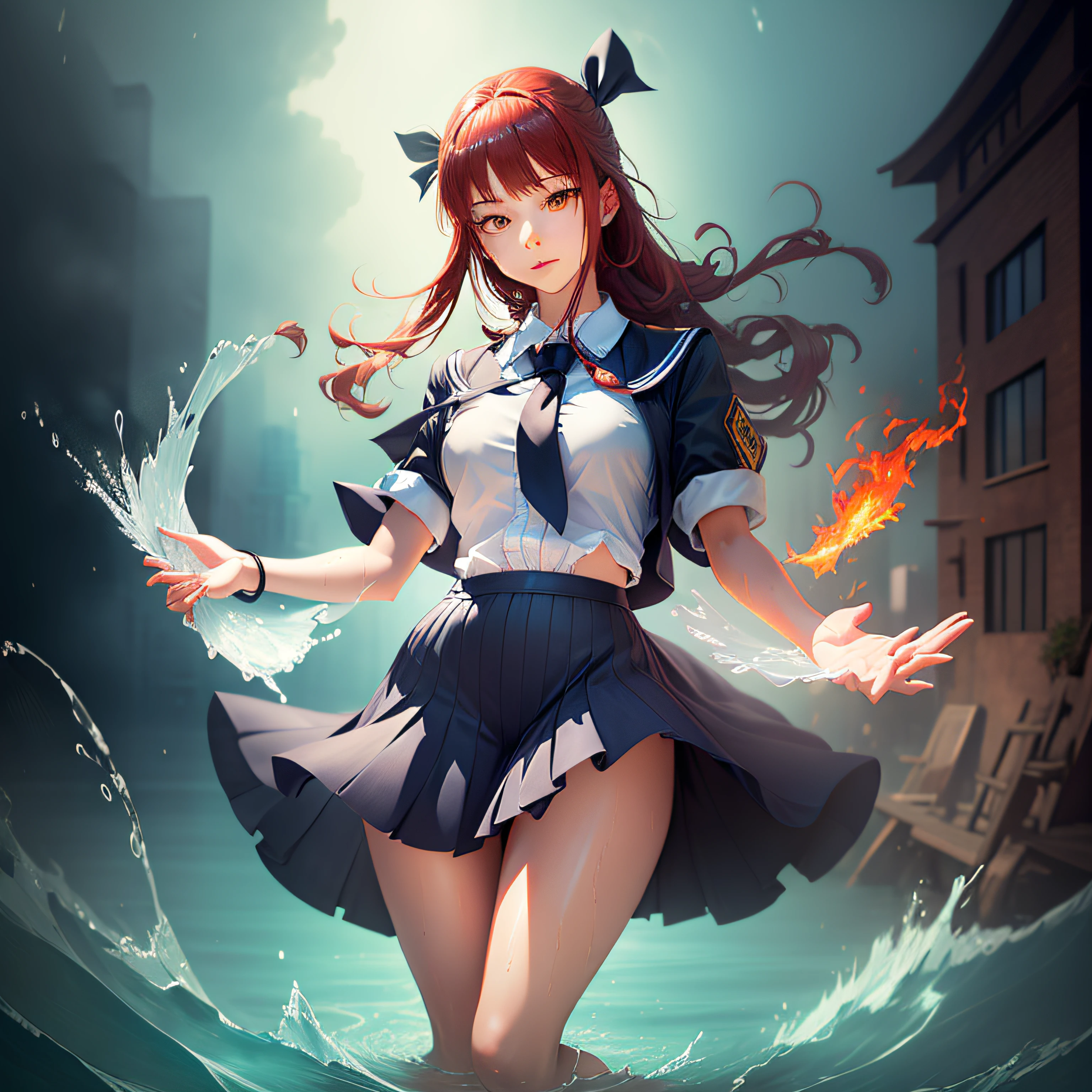surrealism, Anatomically correct, masutepiece, Textured skin, Super Detail, high details, Best Quality, awardwinning, hight resolution, 8K,wide Shots, Full Body Magic School Uniform,19-year-old woman, makima, red hair, water magic,Girl manipulates water、There is a blue magic light in the hand, Use the magic of water,Blue light water magic from the hand of a girl extinguishing flames,Water Girl Fight,There is a big fire in the city,Flames looming over the cityslim figure,extremely detailed eye and face、beatiful detailed eyes,Realistic High School Girl,Cute little girls,Beautiful skins,Beautuful Women,finely detailThe tip of the hand is affected by the magical blue light of the water、Water gathers in hands with blue light, overpowered