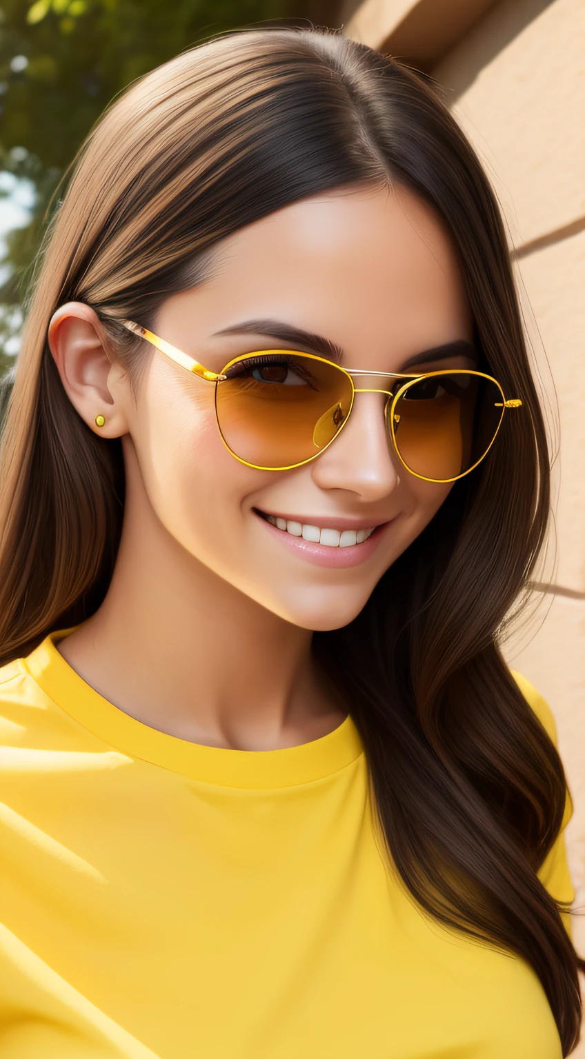 one womam, Wearing a yellow shirt, yellow eyes, sunglass, smiling, happy, focus on the face