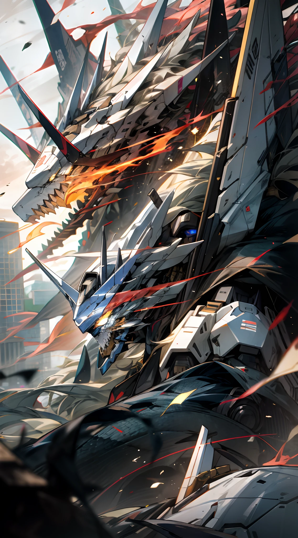 surrealism, Ray tracing, hyper HD, High details, 8K, Best quality, Textured skin,In the dark,Gundam Mech,Mecha lights,brilliant colorful,Giant nine-tailed fox mech,Dragon wings,a snake head,tmasterpiece,best qualtiy,mechs,(full bodyesbian),(Black Mech:1.5),(轴对称:1.4),(hdr),(cinematric light:1.1),Cool,scientific fiction,firey,Don Dao,Background of the city destroyed by the Tang knife,Holding a Tang knife,faceoff