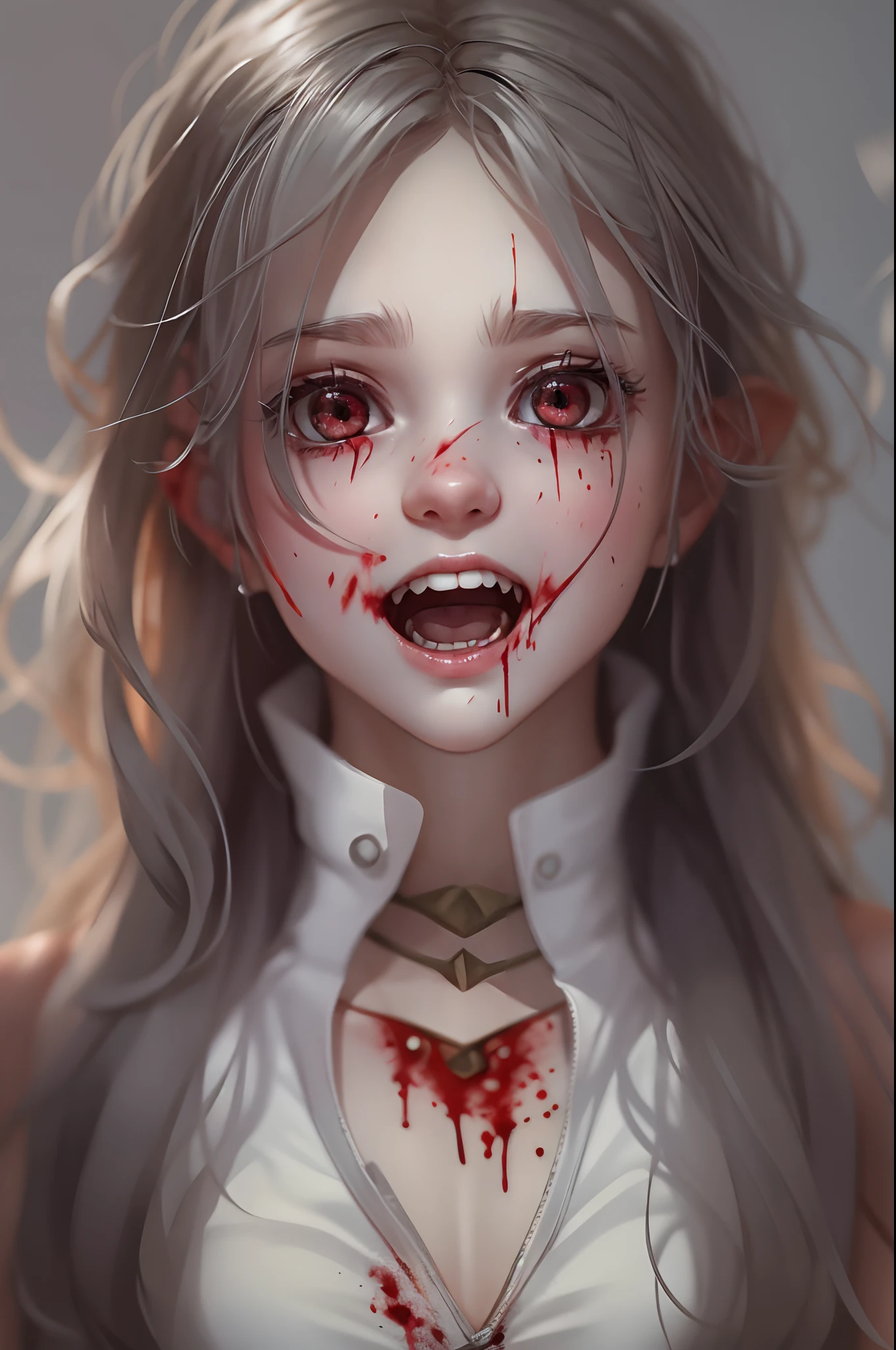 of a real，Perfect facial features，Realistic skin texture，Cute baby vampire girl，closeup cleavage，head portrait，with her mouth open，（See the throat：1.4），Blood-red eyes，（long canine teeth：1.4），There is blood on the teeth，long whitr hair，（blood stains at the corners of the mouth：1.4），Blood，depth of fields，dynamic blur，high light，Real light，Ray traching，oc rendered，Hyper-realistic，best qualtiy，8K，Works of masters，super-fine，Detailed pubic hair，Correct anatomy，sharp focus on eyes，Bokeh，Facial features are carefully depicted