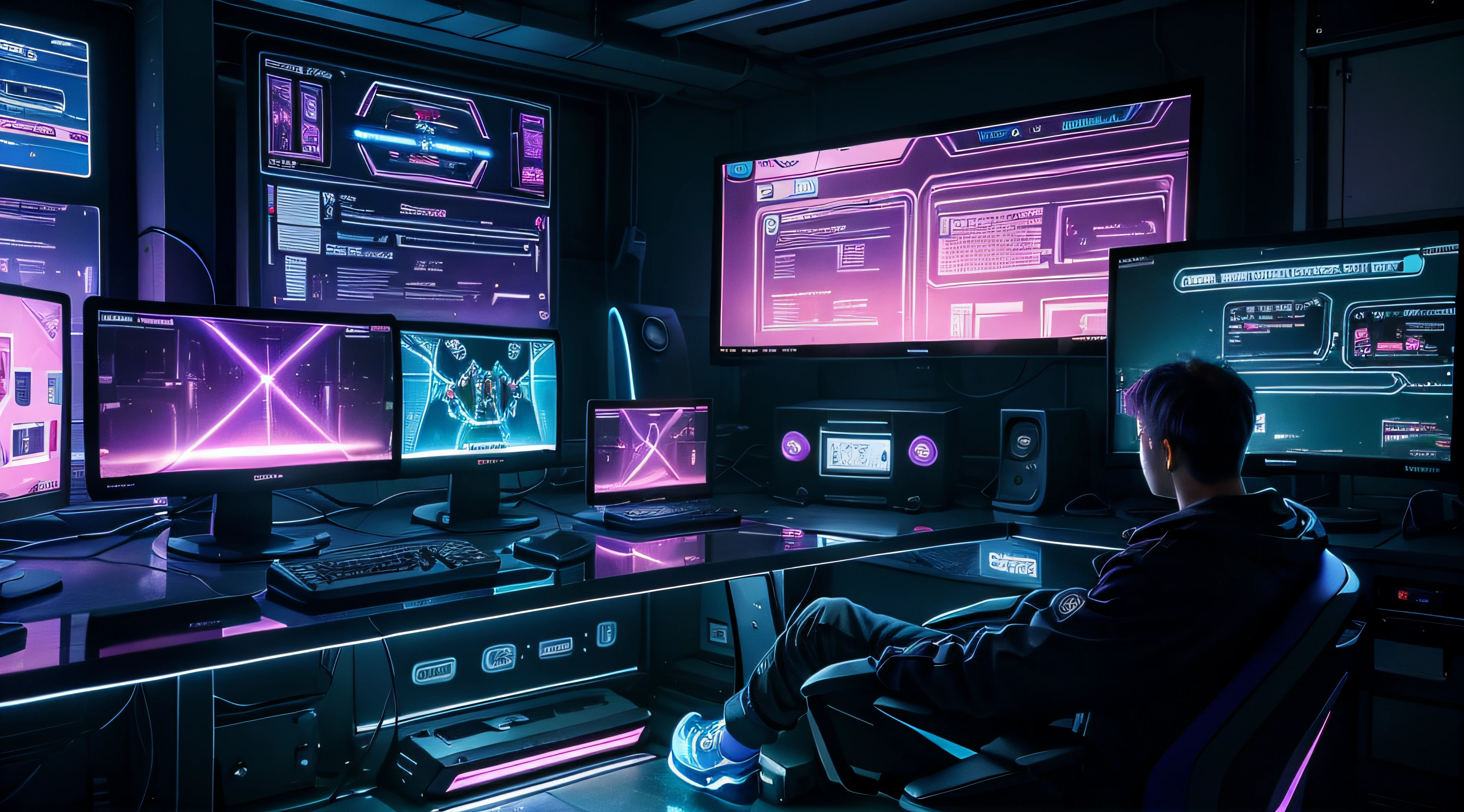 A purple and blue neon light gaming computer desk with multiple monitors and a keyboard, cyber neon lighting, Neon lighting, in a large room with large windows on a sunny sunset, Pantalla de jugador de escritorio de metal, pantallas transparentes con paginas web y estadisticas, pantallas con estadisticos, no human, empty chair