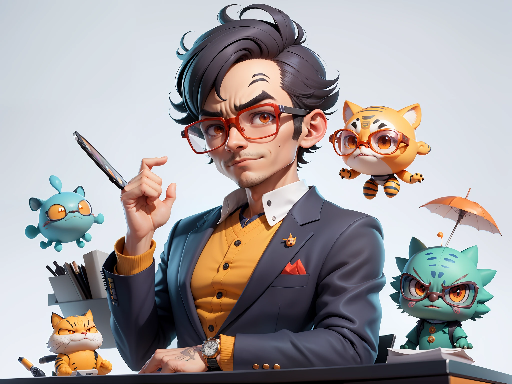 A young man in a suit, Short hair and glasses sat at his desk，holding laptop，digitial painting，tigre，3D character design by Mark Clairen and Pixar and Hayao Miyazaki and Akira Toriyama，4K HD illustration，Very detailed facial features and cartoon-style visuals。
