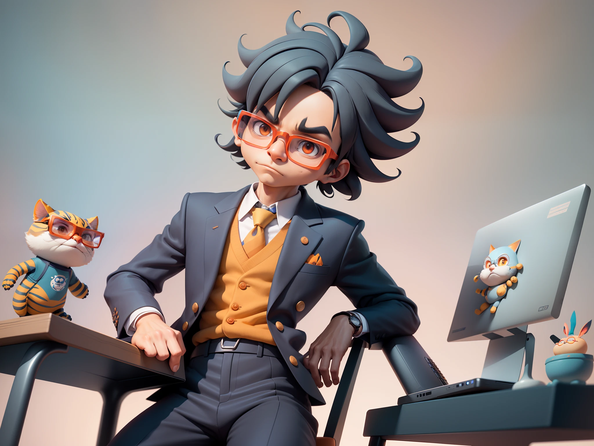 A young man in a suit, Short hair and glasses sat at his desk,holding laptop,digitial painting,tigre,3D character design by Mark Clairen and Pixar and Hayao Miyazaki and Akira Toriyama,4K HD illustration,Very detailed facial features and cartoon-style visuals。
