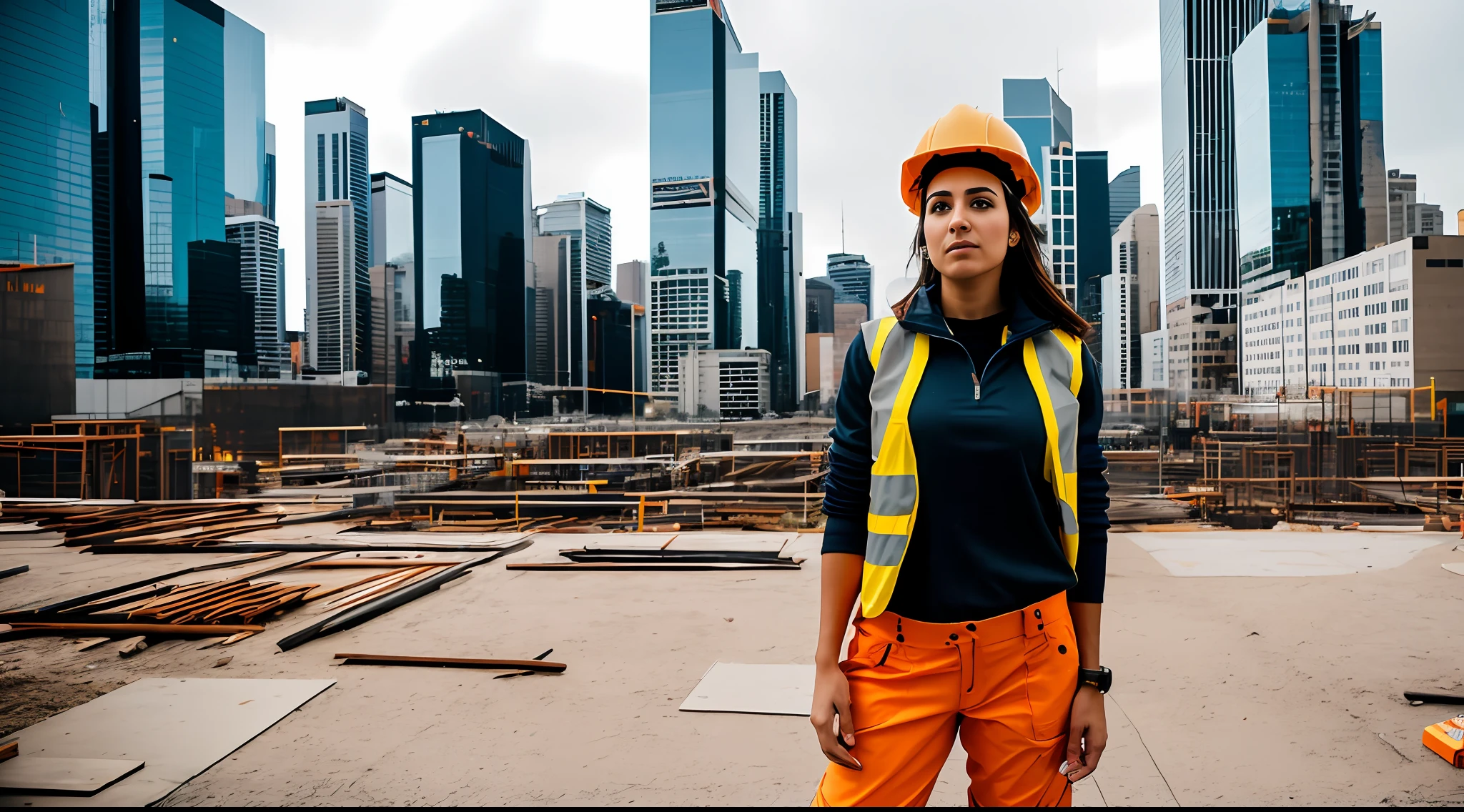 A full-body shot of a young woman embracing her role as a construction worker, her attire juxtaposed against the urban surroundings, Fujifilm X-T4 with 23mm f/2 lens, dynamic cityscape backdrop, lifestyle portrait.