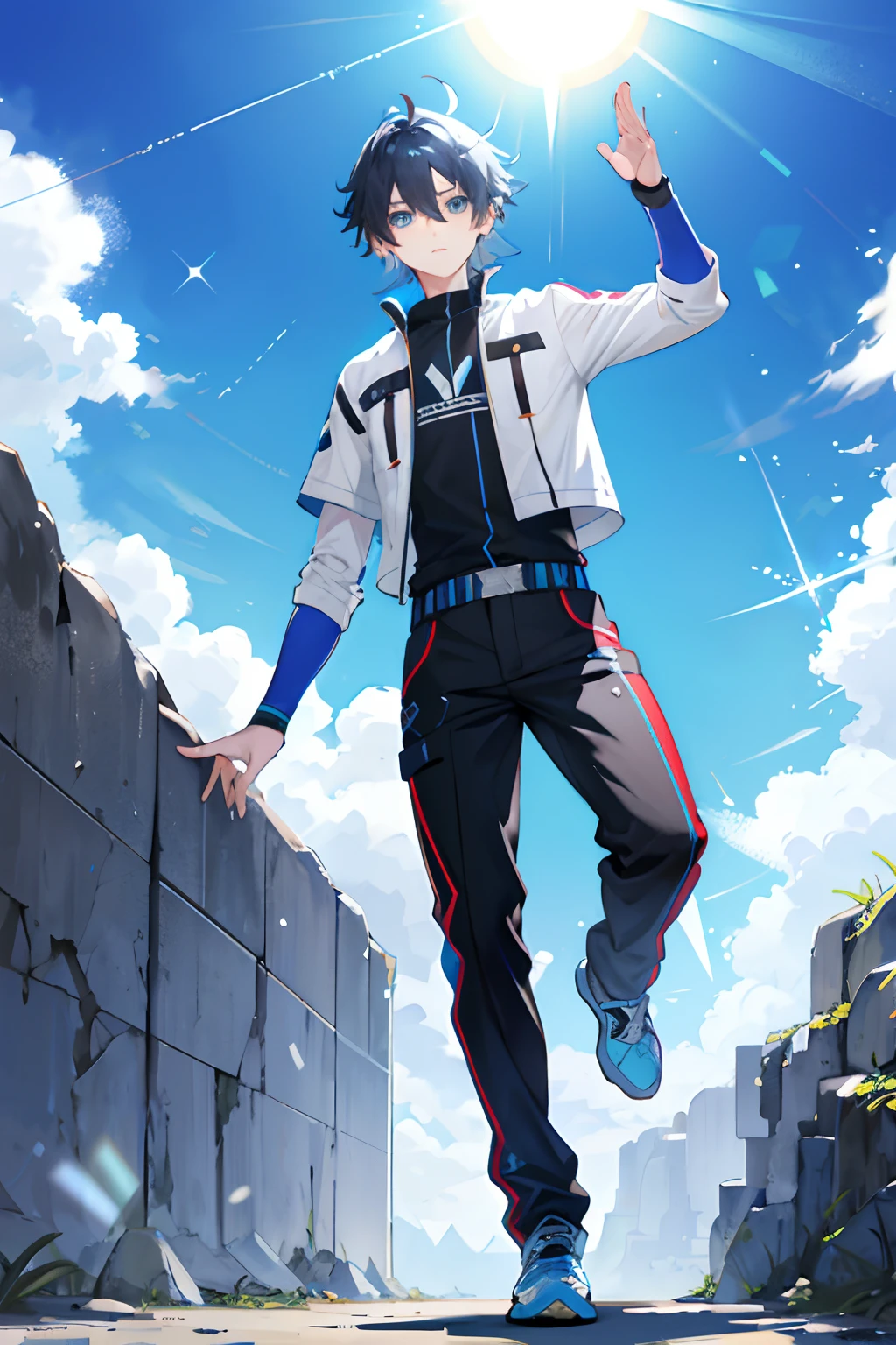 A teenage boy,greyt hair ,The sun shines,blue colored eyes,Impressive everyday clothing,hands behind body,standing on your feet,full bodyesbian,Impressive