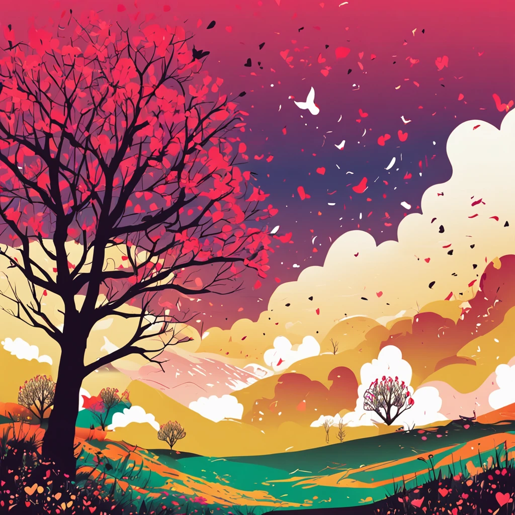 Detailed landscape with vectorization and strong colors; hearts scattered around the landscape.