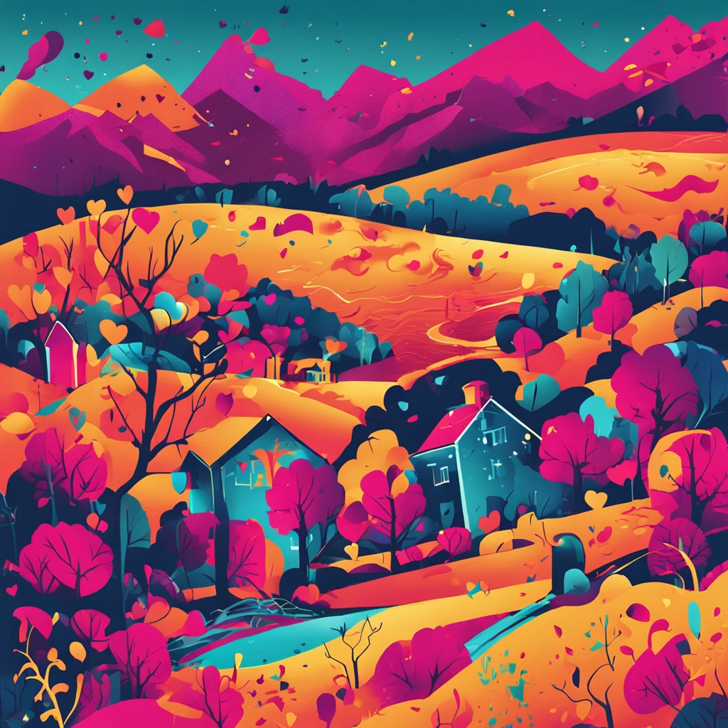 Detailed landscape with vectorization and strong colors; hearts scattered around the landscape.