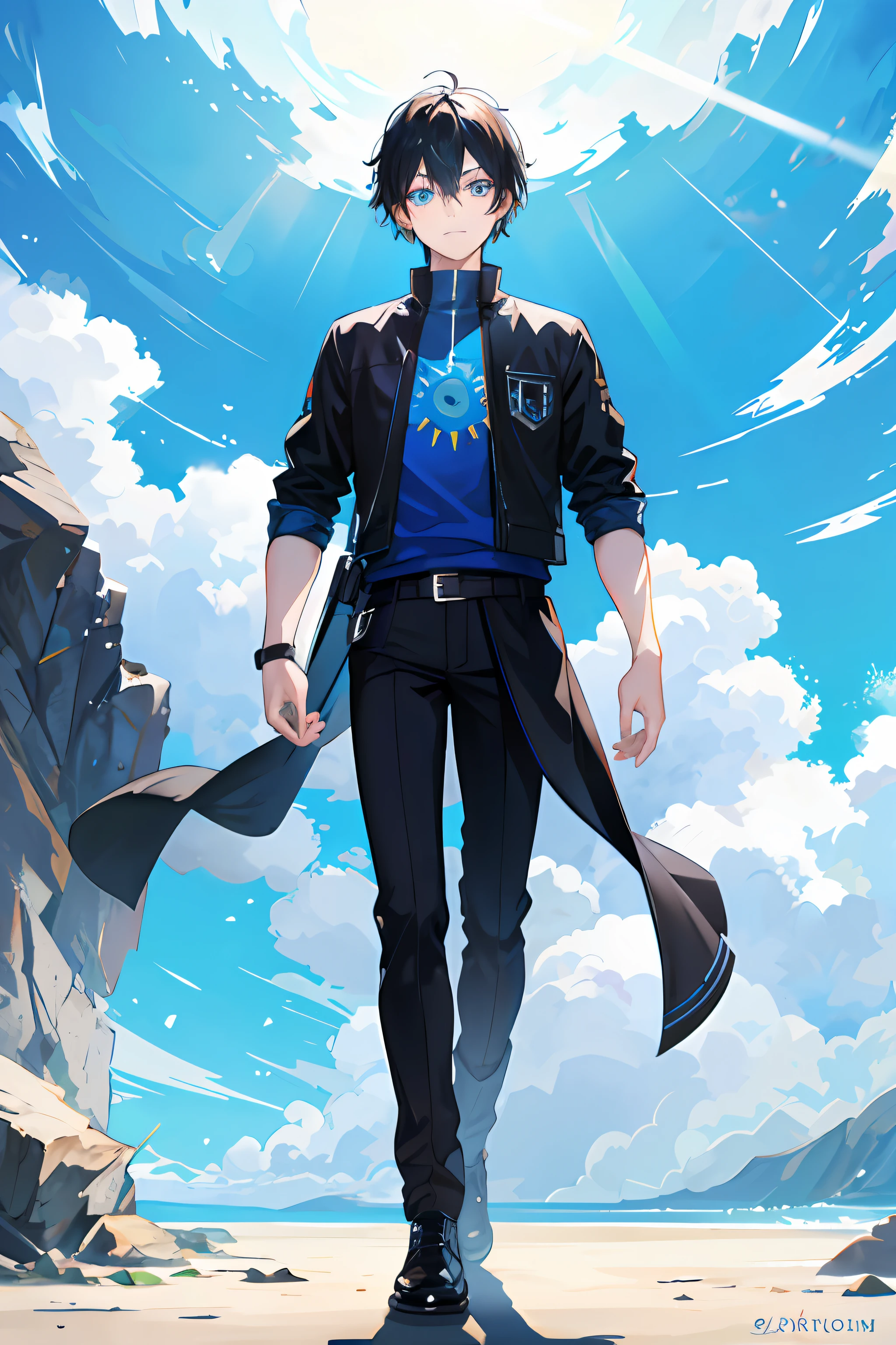 A age boy,Black hair ,The sun shines,blue colored eyes,Impressive everyday clothing,hands behind body,standing on your feet,full bodyesbian,Impressive