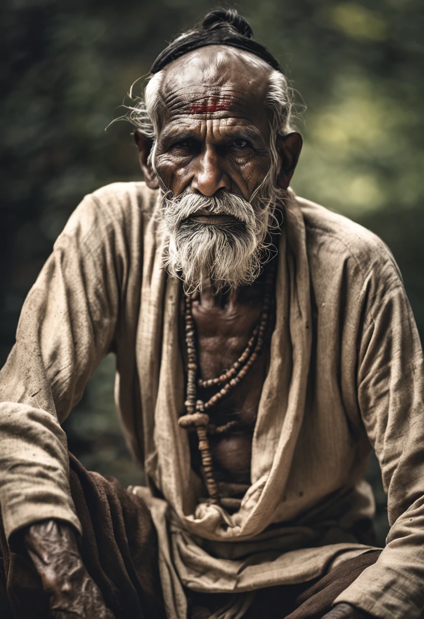 (sharp focus:1.2), an award winning full body photo of an Indian warrior old man peasant, Long Beard, Straight face, Indian old monk, bearded, wrinkled, water droplets, thunderstorm outside, lightning back lighting, , lines on face, wrinkles, extremely detailed skin, sadness, hopelessness ,cloudy eyes, (deep shadows:1.1), high contrast, beautiful eyes, absurdres, 8k, (high quality:1.3), , artstation hd, concept art, detailed face and body, award-winning photography, (moody lighting:1.2), depth of field, bokeh, 4K, HDR